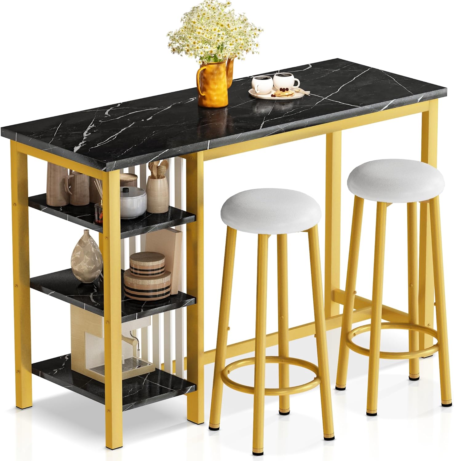 AWQM Bar Table and Chairs Set with 3 Storage Shelves, Faux Marble Dining Table for 2 with PU Upholstered Chairs, Bar Height Table and Chairs for Small Space,Breakfast Nook(Black GoldWhite)