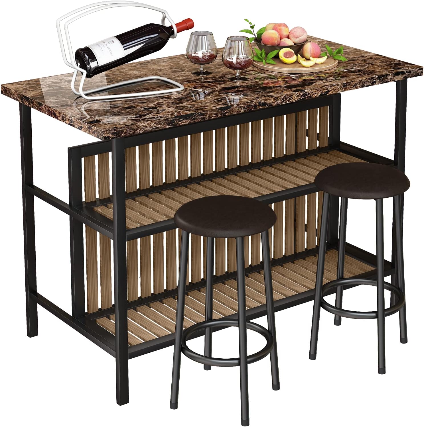 AWQM 3 Piece Bar Table Set with Storage, Kitchen Island with Seating Wooden Counter Height Table and Chairs Set, Brown