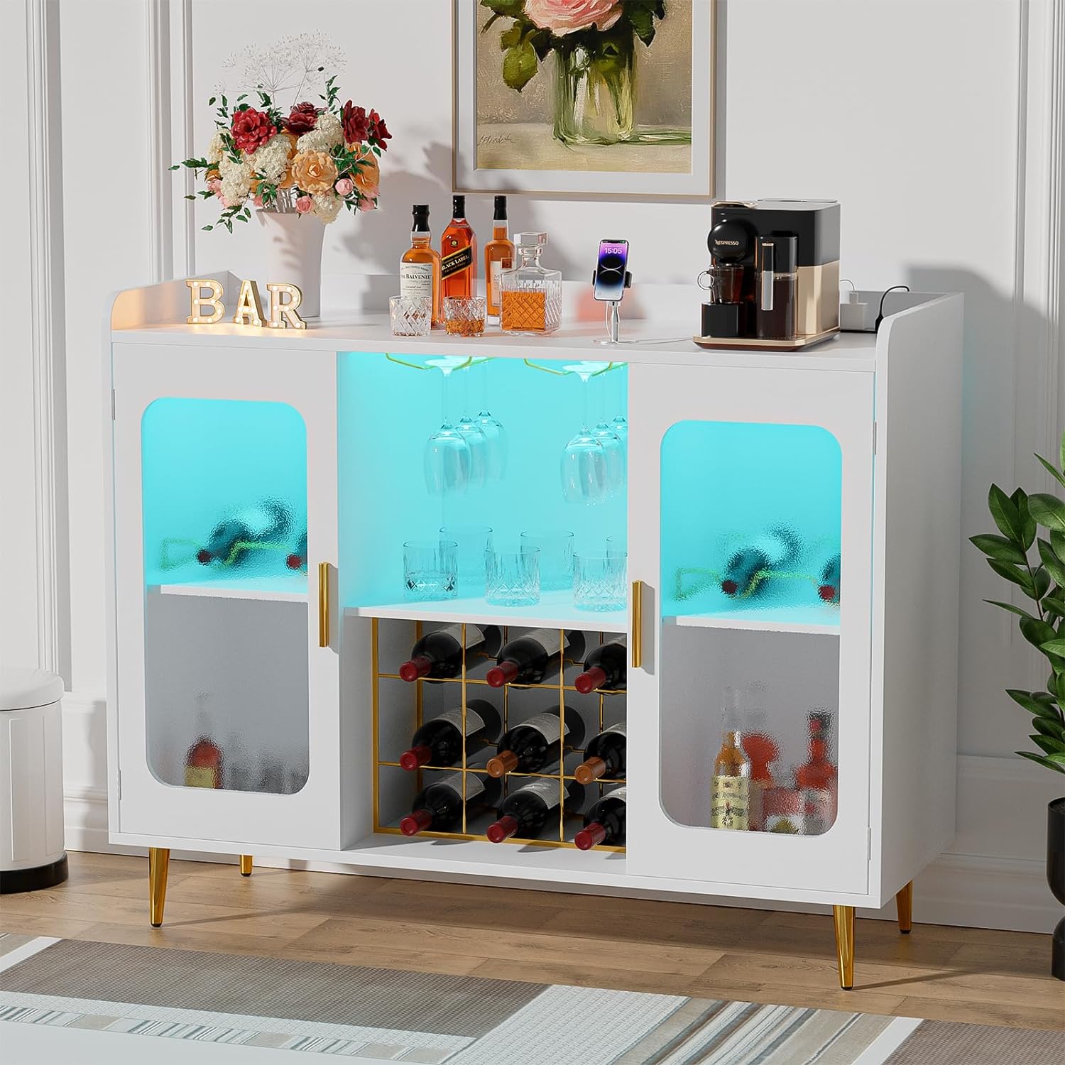 Liquor Cabinet Bar with Power Outlet and LED Light, Wine Bar Cabinet with Wine and Glasses Rack, Coffee Bar Cabinet for Kitchen Dining Room