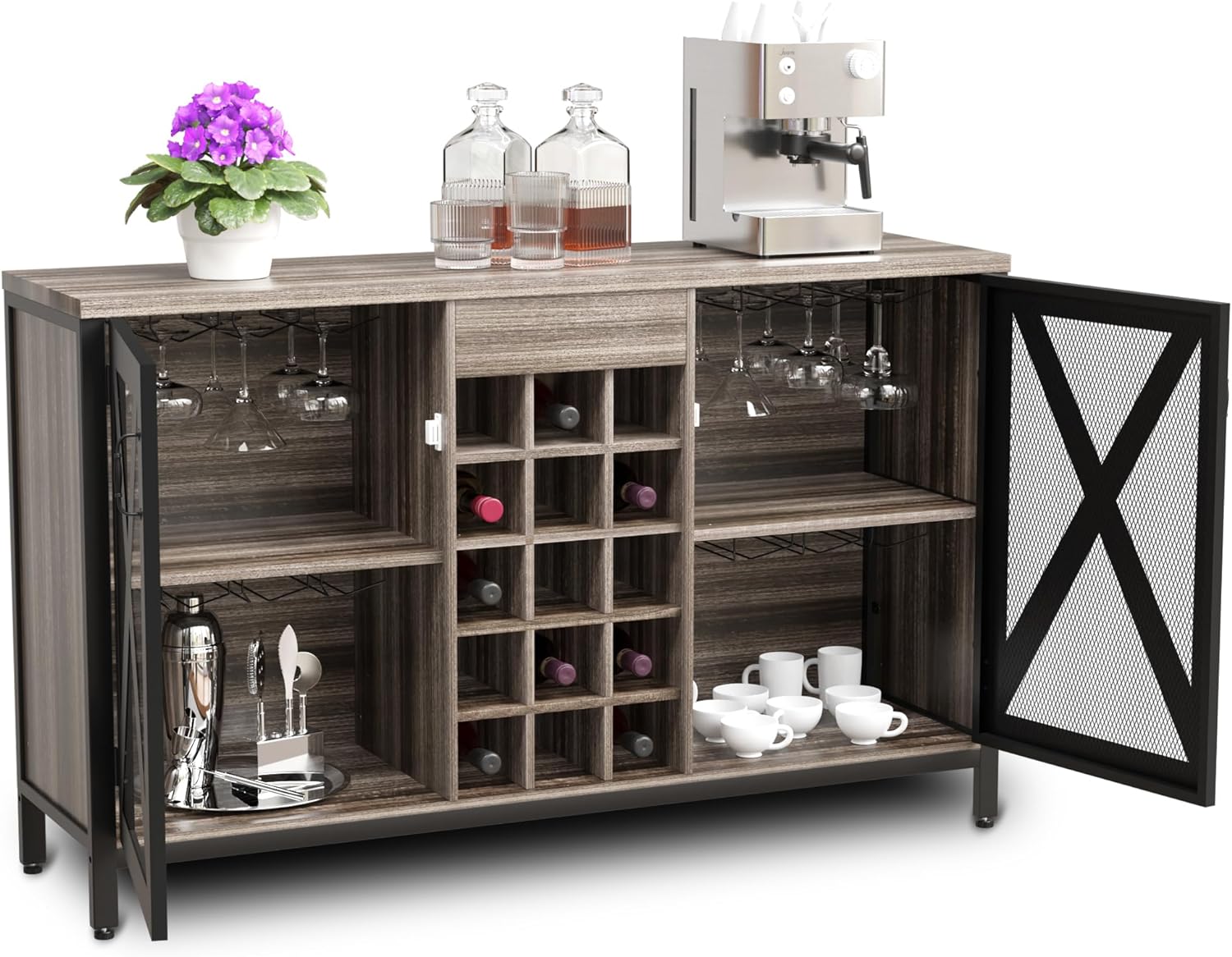 GentProd Industrial Bar Cabinet, Liquor or Coffee Bar Cabinet with Farmhouse Metal Doors, Bar Cabinet with Storage, Wine Glass Holders and Shelves | Tools Included | Light Brown Wood Wine Bar Cabinet