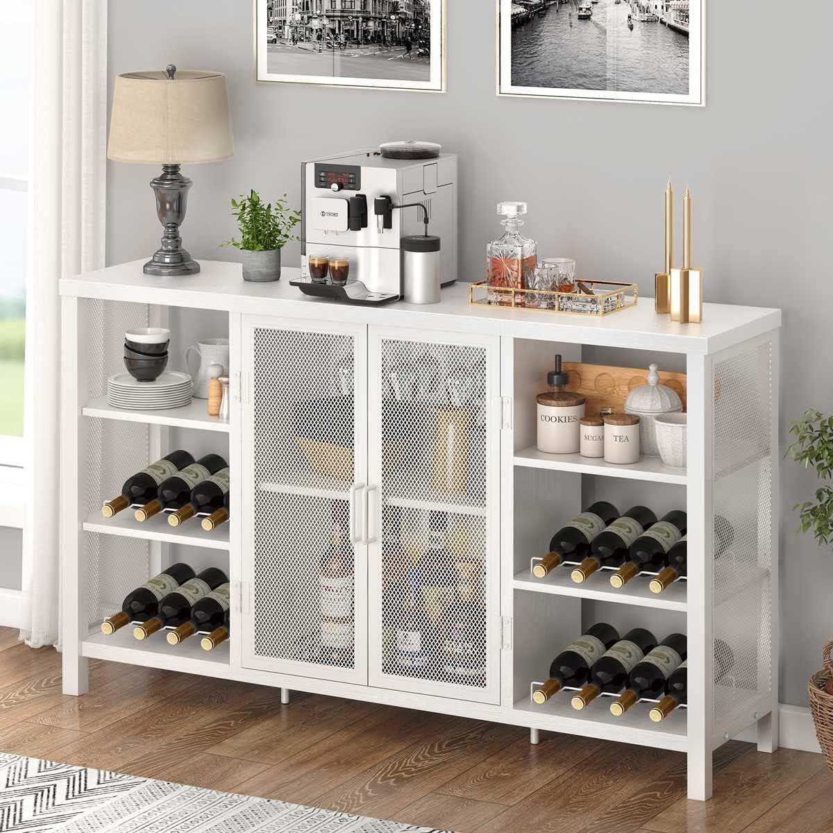 FATORRI Wine Bar Cabinet for Liquor and Glasses, Modern Sideboard and Buffet Cabinet with Wine Rack, Wood and Metal Coffee Bar Cabinet (White Oak, 55 Inch)