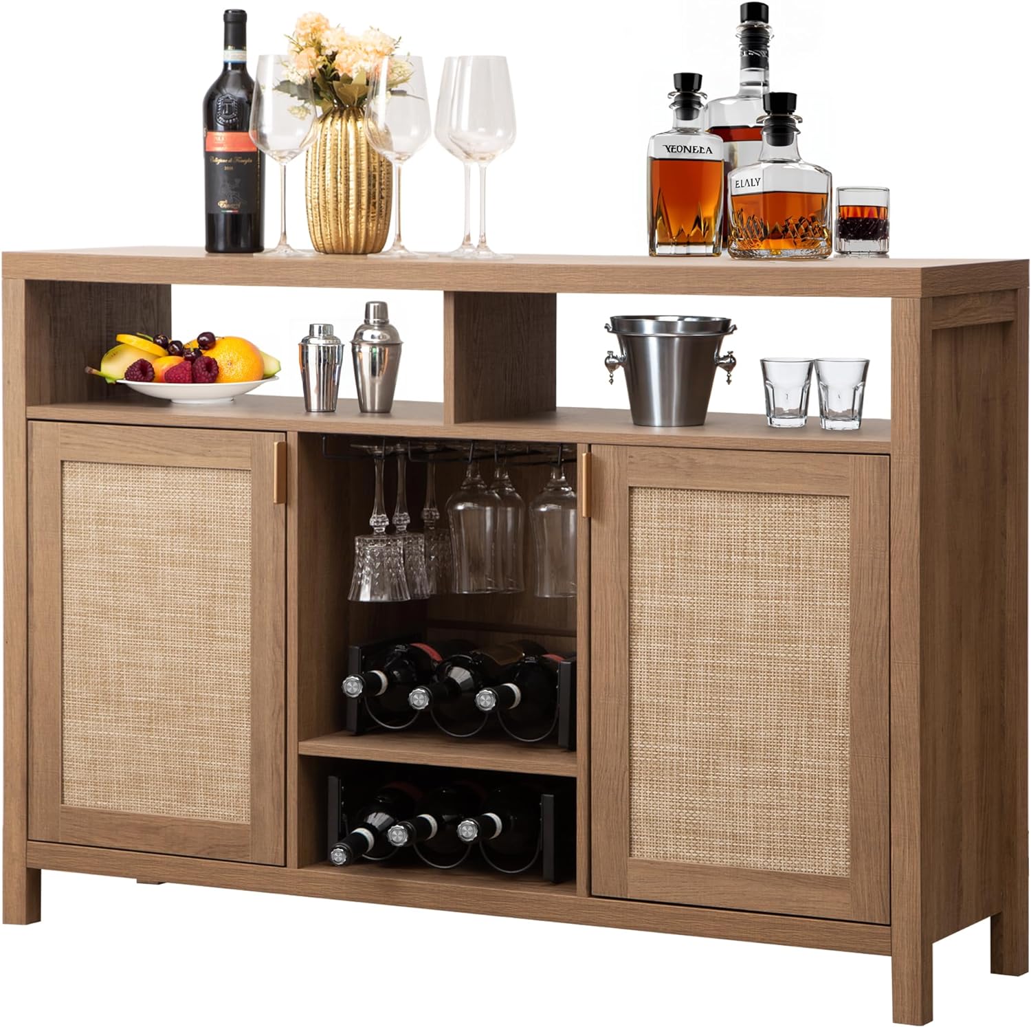 SICOTAS Coffee Bar Cabinet, 51 Rattan Sideboard Buffet Cabinet with Storage, Boho Farmhouse Liquor Cabinet with Wine Racks Credenza Console Table for Home Living Dining Room Entryway, Natural
