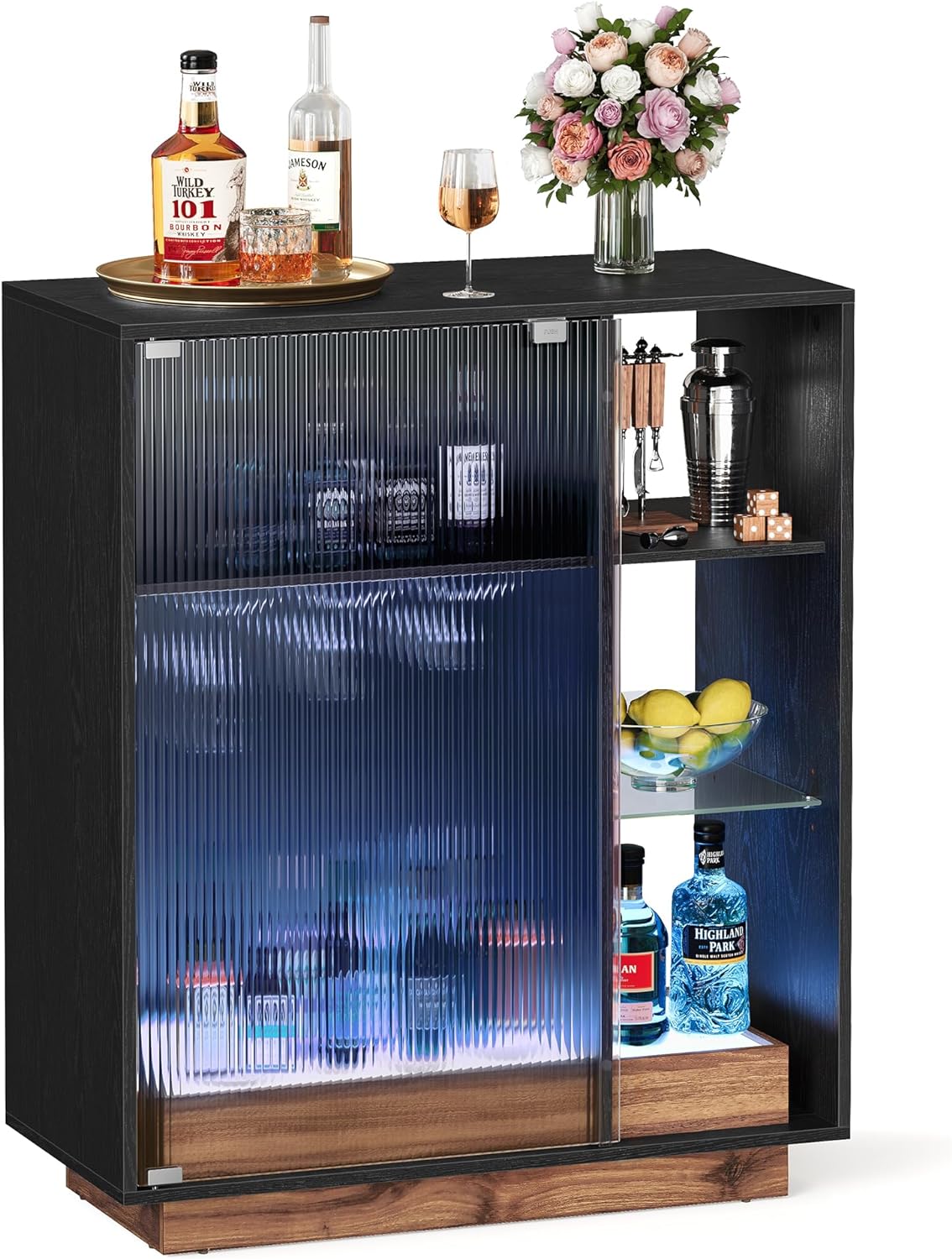 VASAGLE Wine Bar Cabinet with Lights, LED Sideboard Cabinet with Wine Storage, Coffee Bar Cabinet for Liquor, with Glass Holder, Reeded Glass Door, for Living Room, Ebony Black UBBK361B01