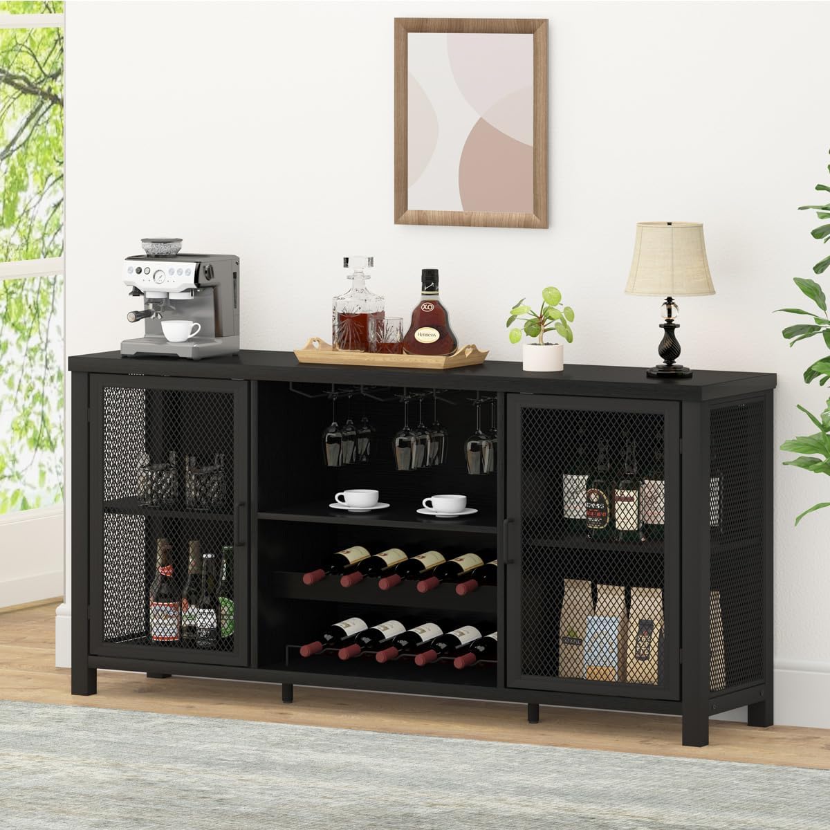 Black Wine Bar Cabinet, Coffee Bar Cabinet with Storage, Farmhouse Kitchen Buffet Cabinet with Rack for Liquor and Coffee, Industrial Wine Cabinet for Home Living Dining Room, Black Oak, 55 In