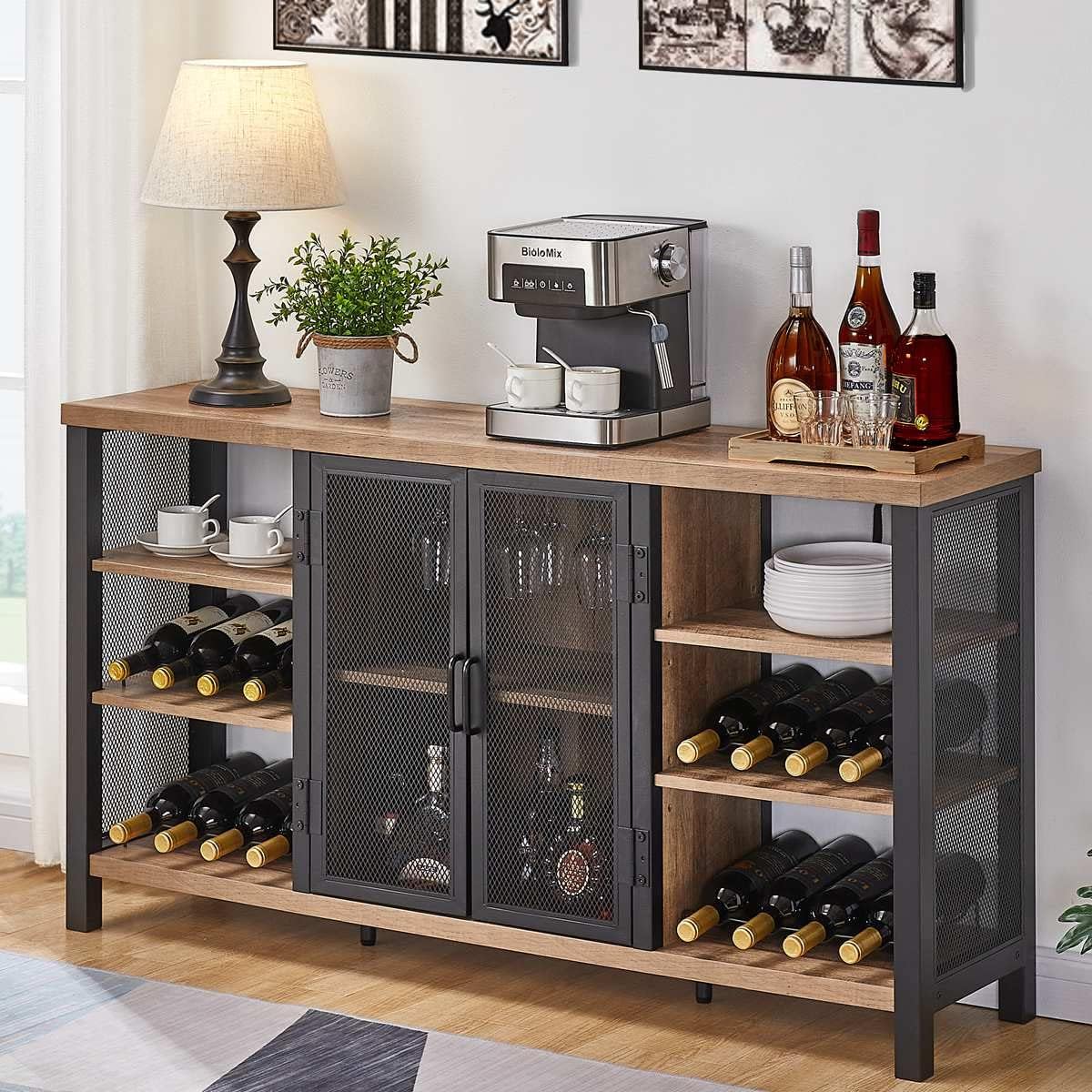 FATORRI Industrial Wine Bar Cabinet for Liquor and Glasses, Farmhouse Wood Coffee Cabinet with Wine Rack, Metal Sideboard and Buffet Cabinet (55 Inch, Rustic Oak)