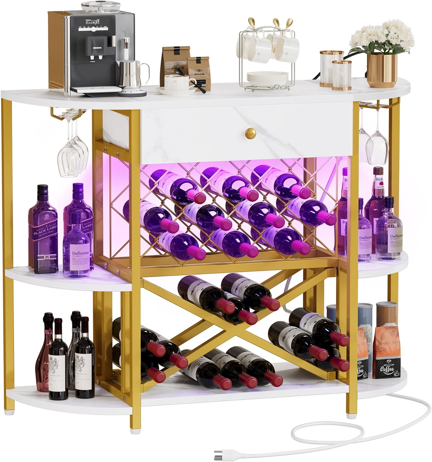 DWVO 47.4 Wine Bar Cabinet with LED Lights and Power Outlets, Modern Liquor Cabinet with Storage and Drawer, Bar Cabinet with Freestanding Wine Rack for Home Kitchen, White