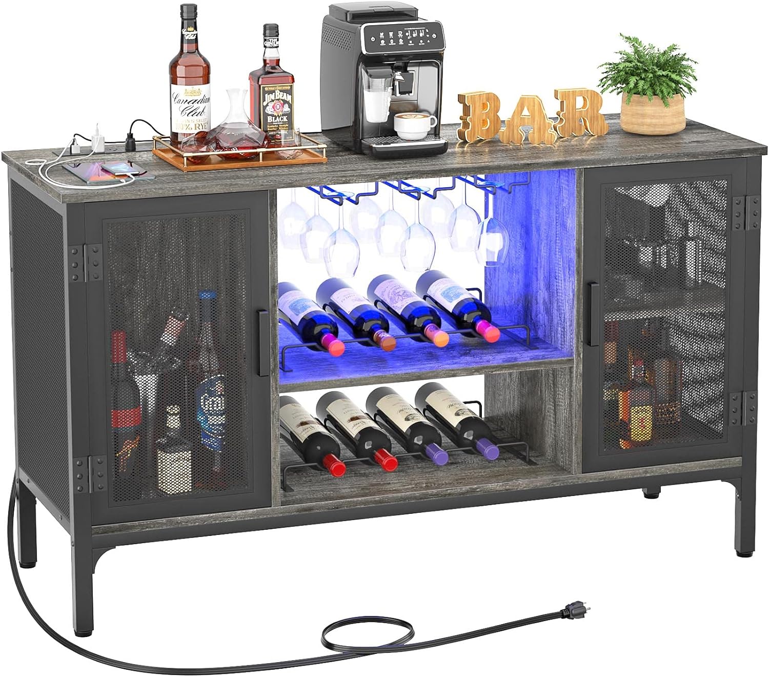 Homieasy Wine Bar Cabinet with Led Lights and Power Outlets, Industrial Coffee Bar Cabinet for Liquor and Glasses, Farmhouse Bar Cabinet with Removable Wine Racks, Black Oak