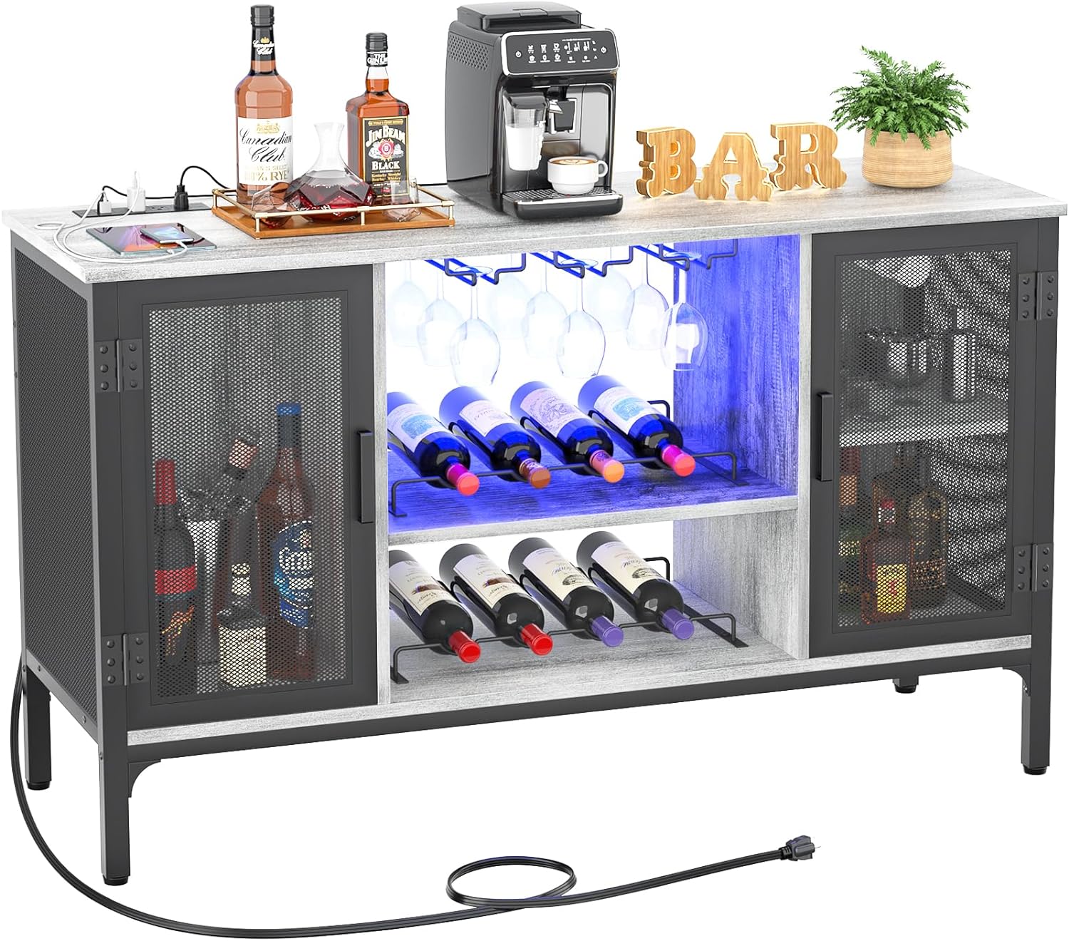 Homieasy Wine Bar Cabinet with Led Lights and Power Outlets, Industrial Coffee Bar Cabinet for Liquor and Glasses, Farmhouse Bar Cabinet with Removable Wine Racks, Light Oak
