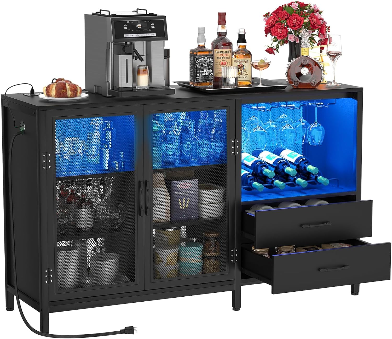 Cyclysio Wine Bar Cabinet with Charging Station and LED Lights, Liquor Cabinet Bar with Wine Rack, Industrial Sideboard Buffet with Drawers, Farmhouse Wood Mental Coffee Bar for Home, Kitchen, Black