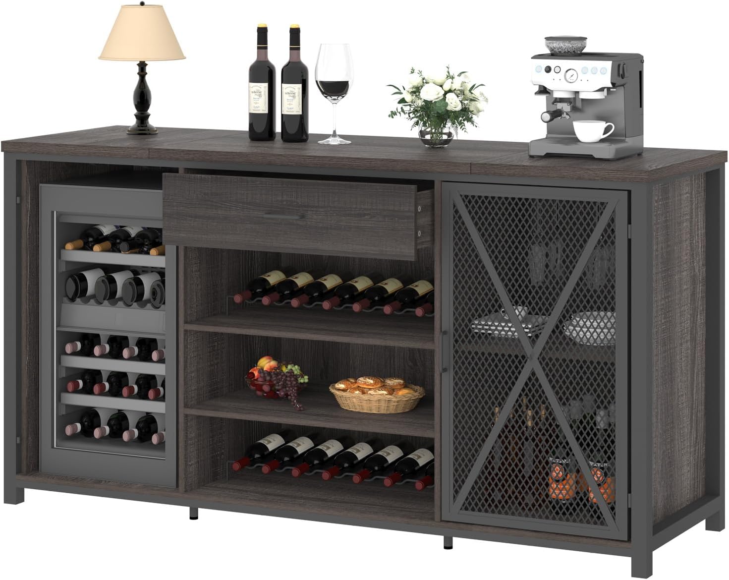 LVB Long Bar Cabinet with Fridge Space, Farmhouse Big Liquor Cabinet with Drawer Storage, Rustic Wood Metal Large Wine Cabinet with Rack, Modern Sideboard Buffet for Kitchen Dining Room, Gray, 70 Inch