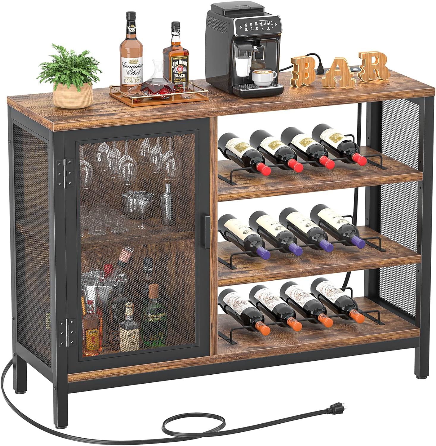 Homieasy Wine Bar Cabinet with Power Outlets, Industrial Coffee Bar Cabinet for Liquor and Glasses, Farmhouse Bar Cabinet with Removable Wine Racks, Rustic Brown