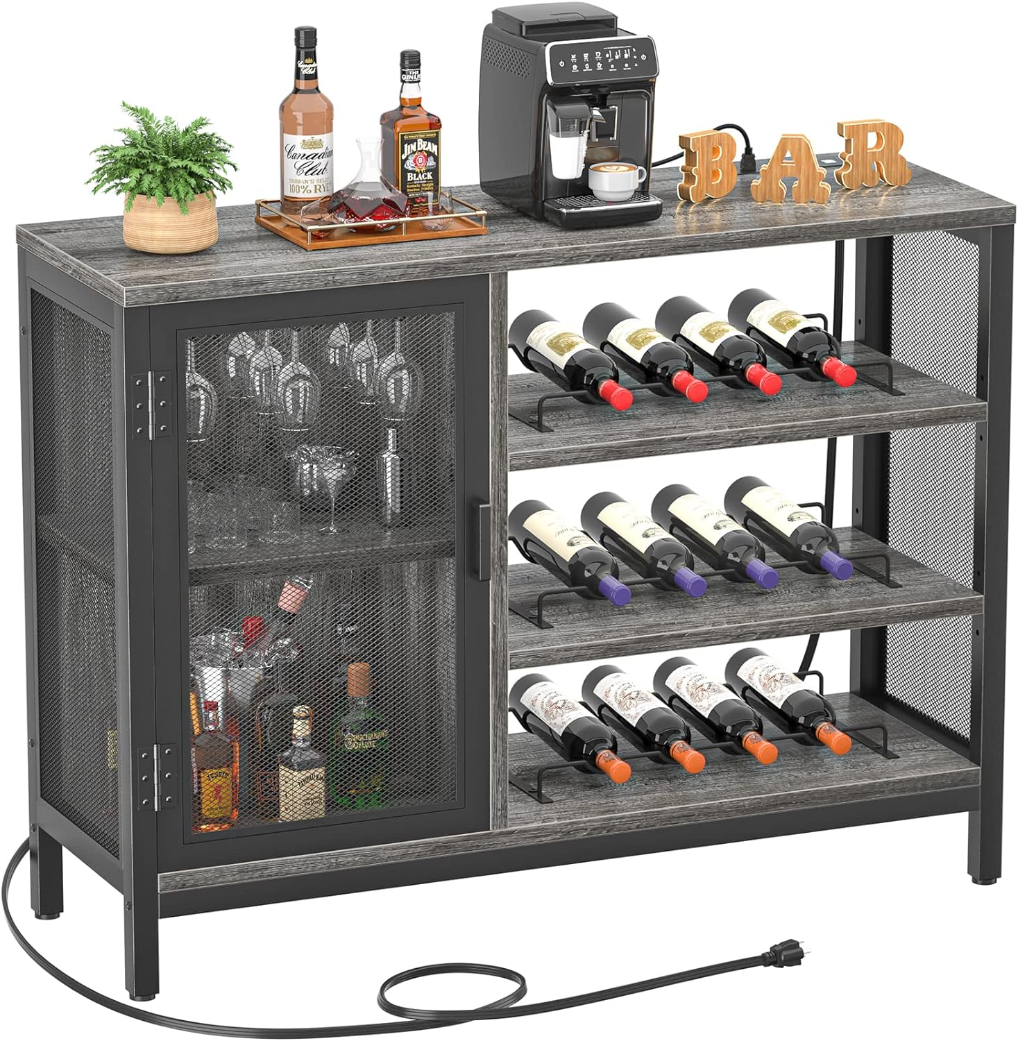 Homieasy Wine Bar Cabinet with Power Outlets, Industrial Bar Cabinets for Liquor and Glasses, Farmhouse Mini Coffee Bar Liquor Cabinet Bar for Home with Removable Wine Racks, Balck Oak
