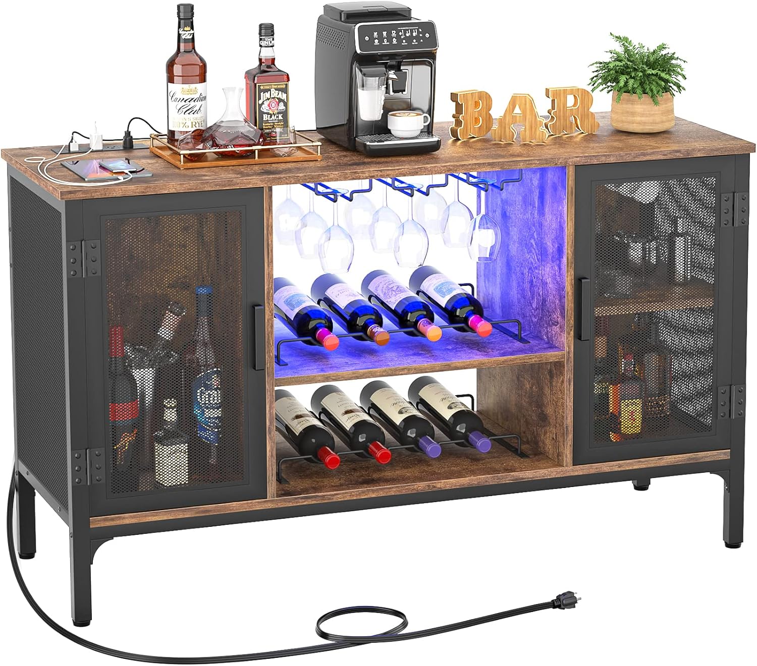 Homieasy Wine Bar Cabinet with Led Lights and Power Outlets, Industrial Coffee Bar Cabinet for Liquor and Glasses, Farmhouse Bar Cabinet with Removable Wine Racks, Rustic Brown
