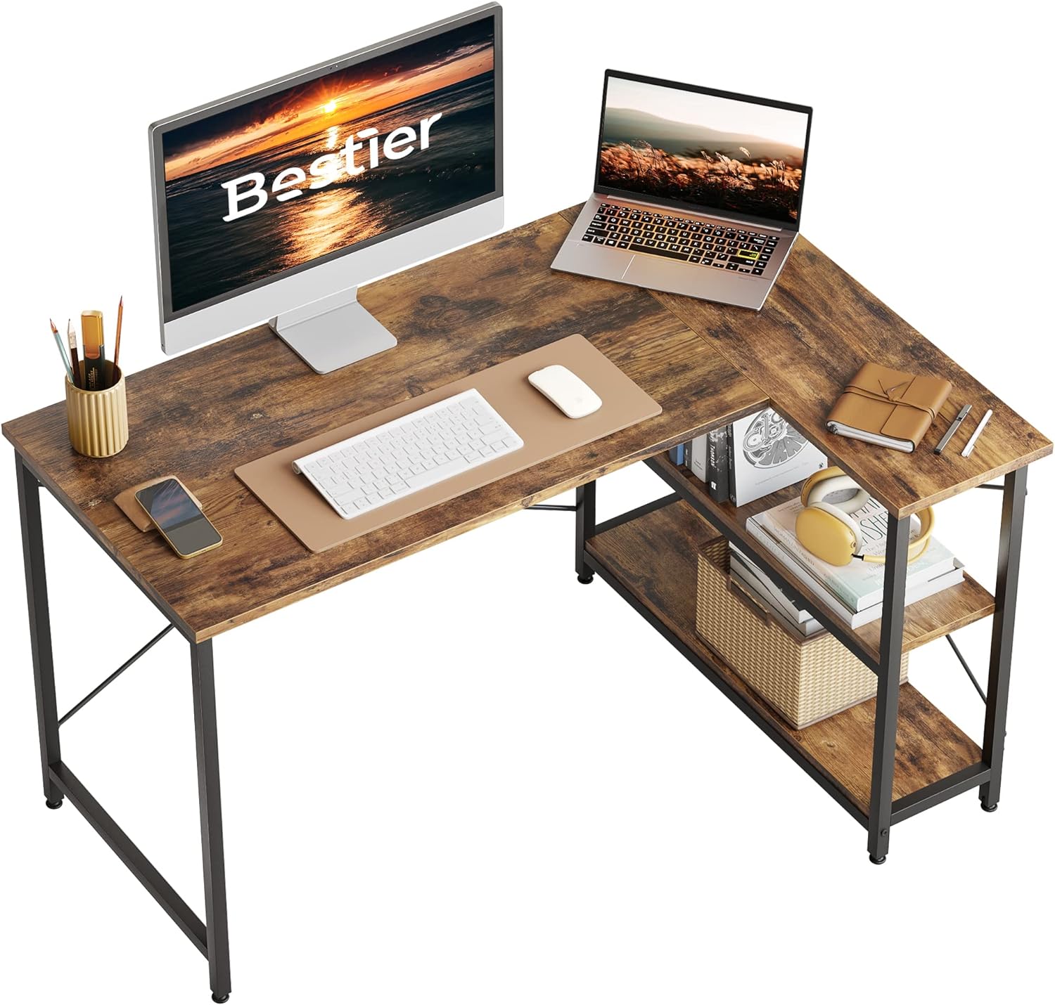 Bestier Small L Shaped Desk with Shelves 47 Inch Reversible Corner Computer Desk Writing Gaming Storage Table for Home Office Small Space, Rustic Brown