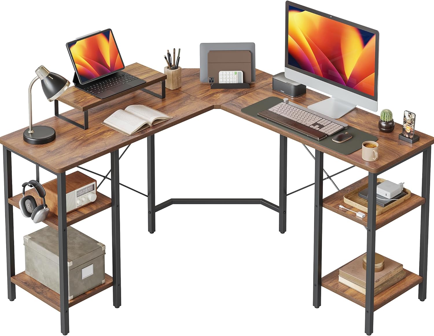 CubiCubi L Shaped Desk, 50.4 inch Computer Corner Desk with 2 Storage Shelves, Home Office Desk with Monitor Stand, Rustic Brown