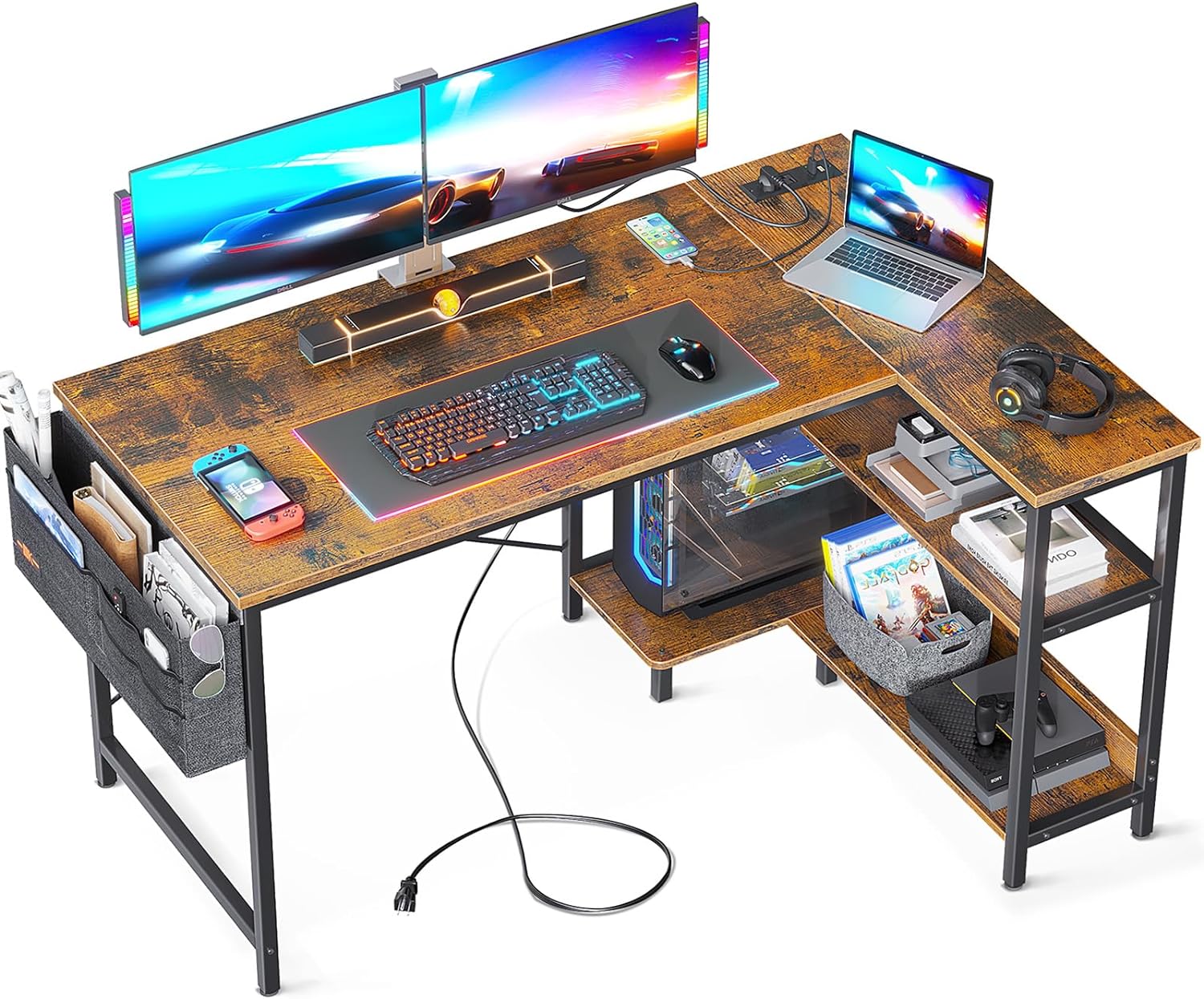 ODK 48 Inch Small L Shaped Gaming Computer Desk with Power Outlets, Reversible Storage Shelves & PC Stand for Home Office, Simple Writing Study Table with Storage Bag for Small Space, Vintage