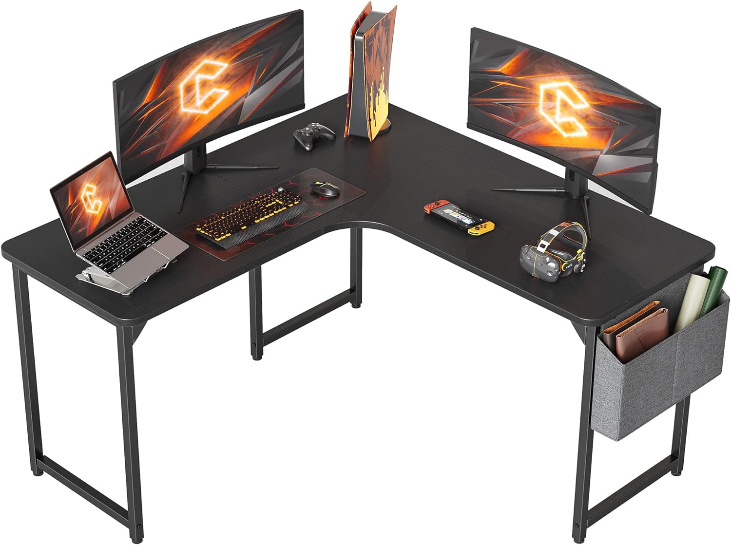 CubiCubi L Shaped Desk, 47.2 X 47.2 Inch Corner Computer Desk with Side Storage Bag, L Shaped Gaming Desk, Home Office Desk, Black