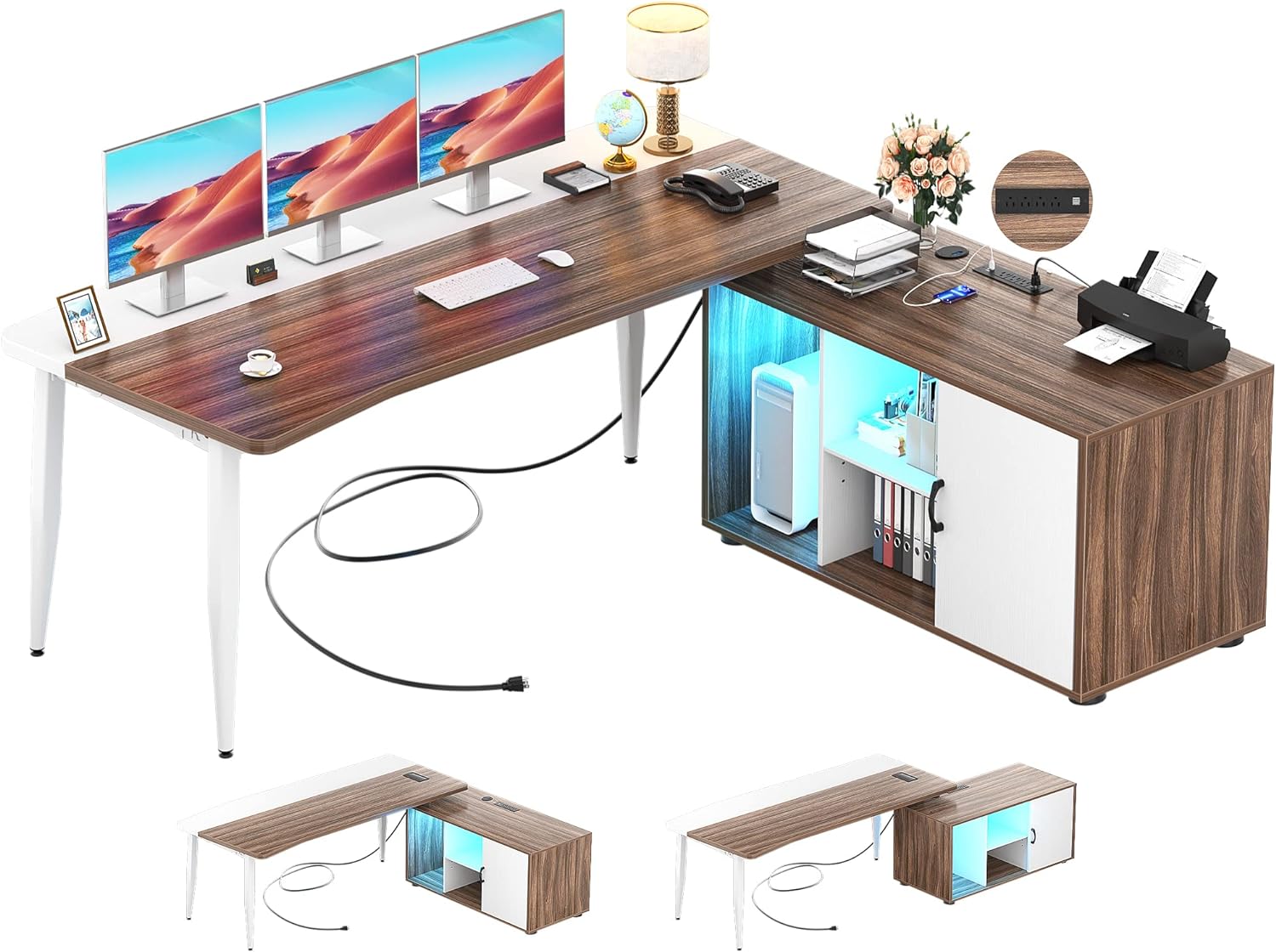 Unikito 55inch Computer Desk with Cabinet, Large L Desk with LED and Charging Station, Home Office Desk with Door and Storage, Office Desk with Power Outlet, Gaming Desk PC Table, Walnut