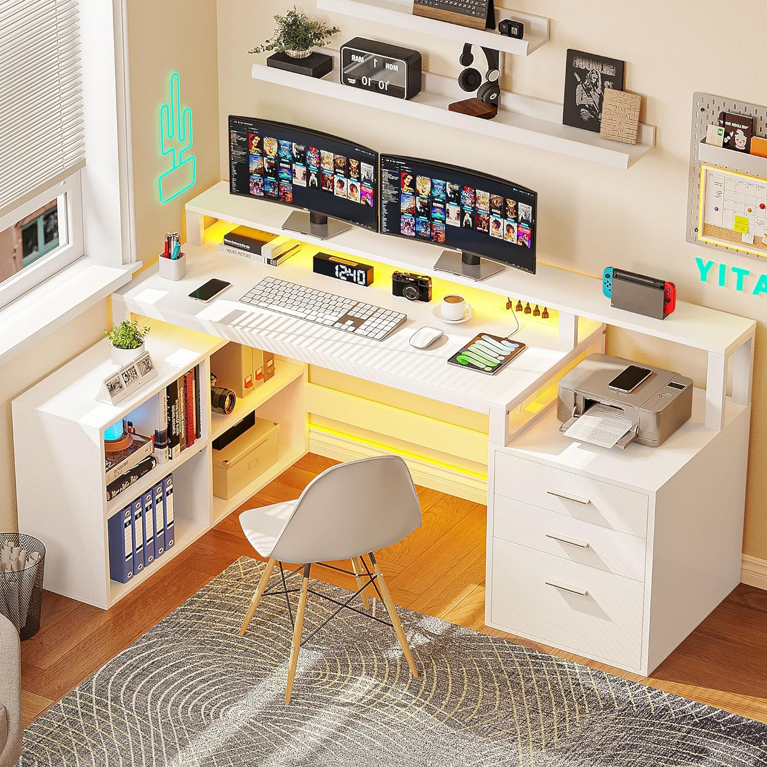 YITAHOME L Shaped Desk with 3 Drawers, 65 Corner Computer Desk with Power Outlets & LED Lights, L-Shaped Desk with File Cabinet & Printer Stand for Home Office, White