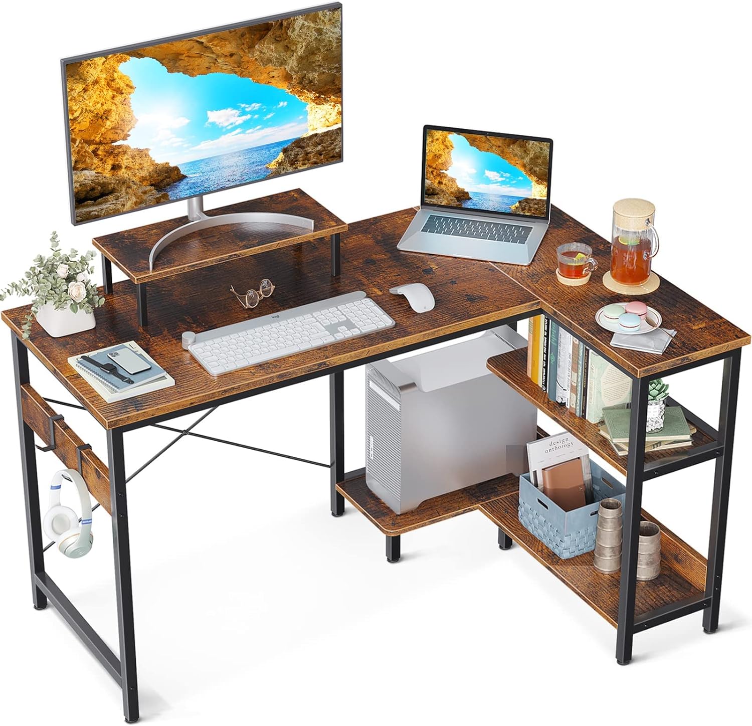 ODK L Shaped Computer Desk with Storage Shelves, 47 inch L-Shaped Corner Desk with Monitor Stand for Small Space, Modern Simple Writing Study Table for Home Office, Rustic Brown