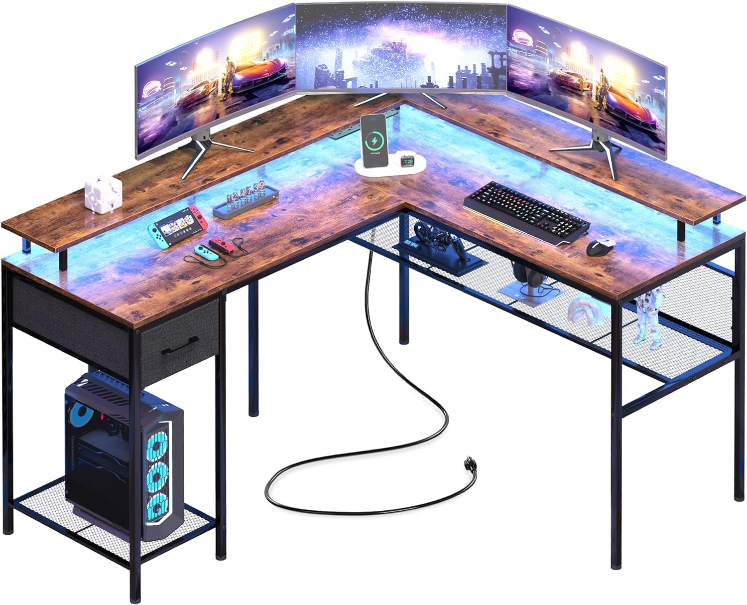 L Shaped Desk Computer Desk with LED Lights & Power Outlets, Gaming Desk with Storage Shelves, Corner Desk Home Office Desk, Rustic Brown