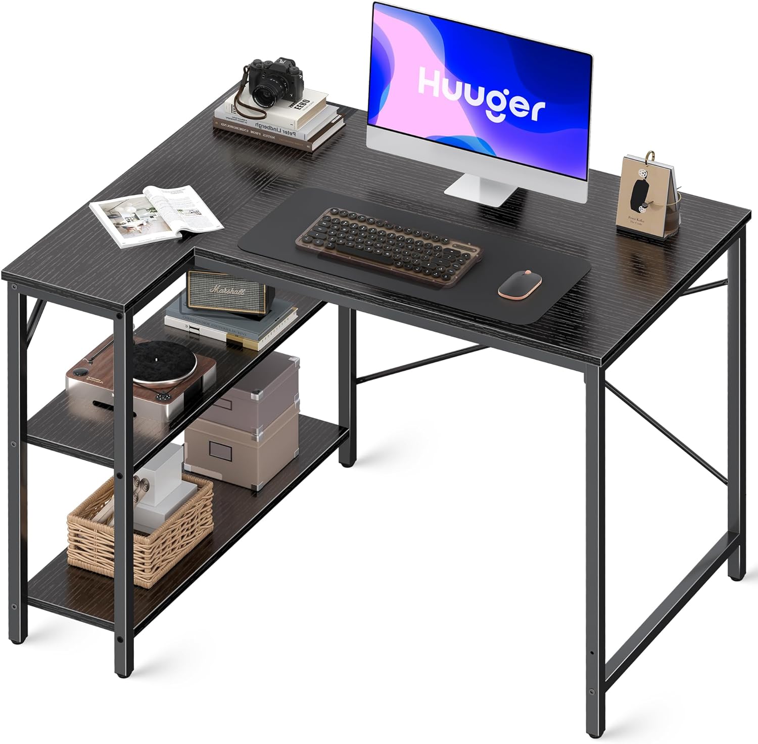 L Shaped Desk, 39 Inches Computer Desk with Reversible Storage Shelves, Gaming Desk, Corner Desk Home Office Desks, Writing Desk Study Desk with Metal Frame, Black