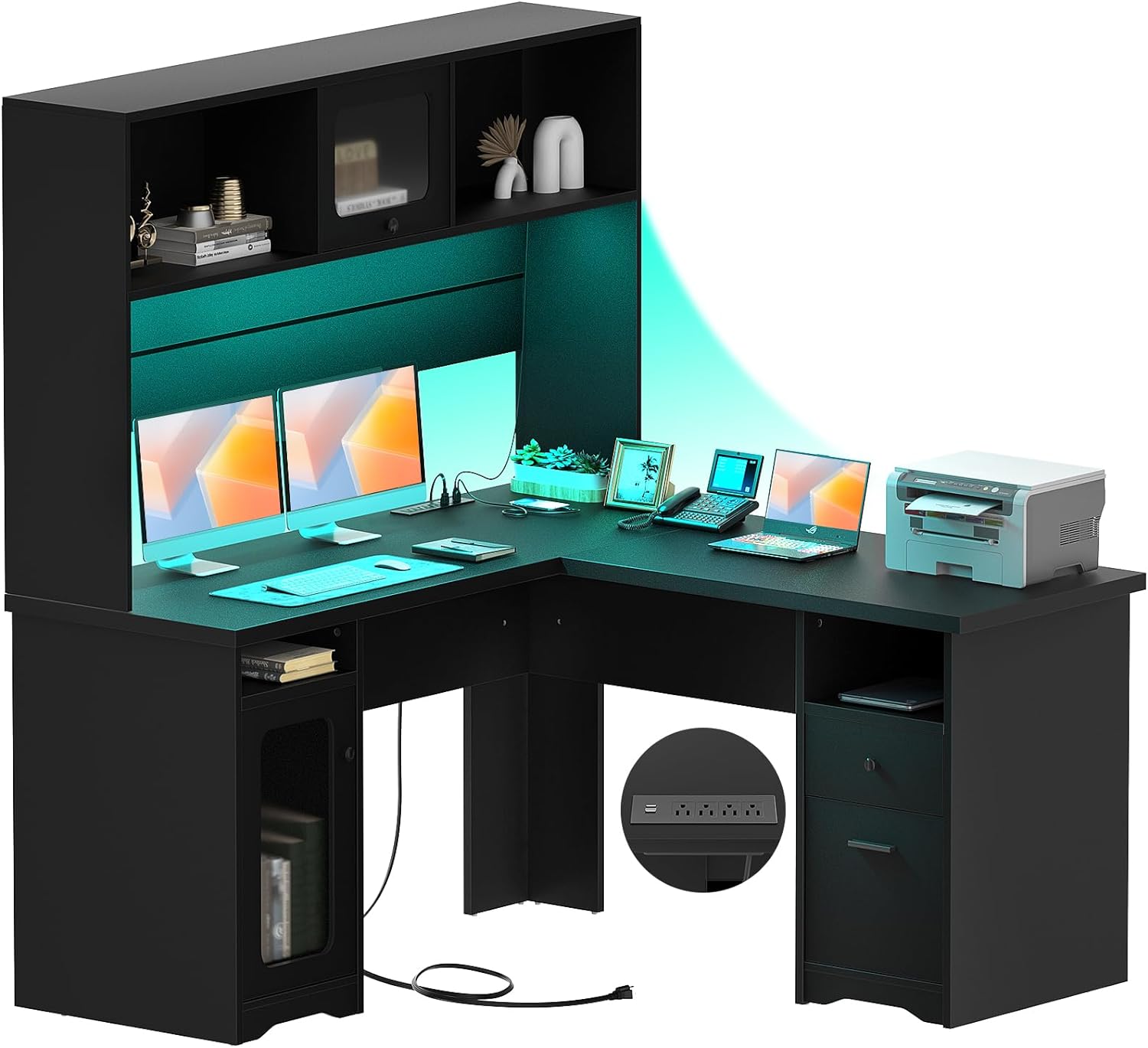 Unikito L Shaped Office Desk with Hutch, 60 Inch Computer Desk with Power Outlet and LED Lights, Large Modern Corner Desk with File Drawers, Sturdy 2 Person Home Office Gaming Table, Black