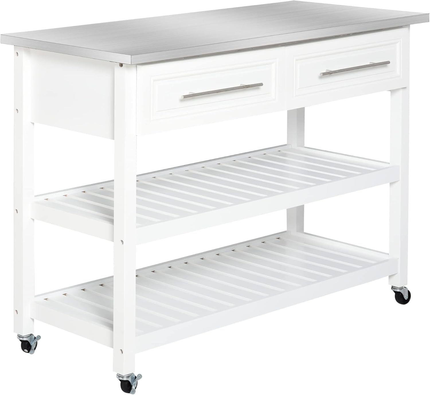 HOMCOM Kitchen Island Rolling Utility Trolley Cart with 2 Drawers Stainless Steel Top - White
