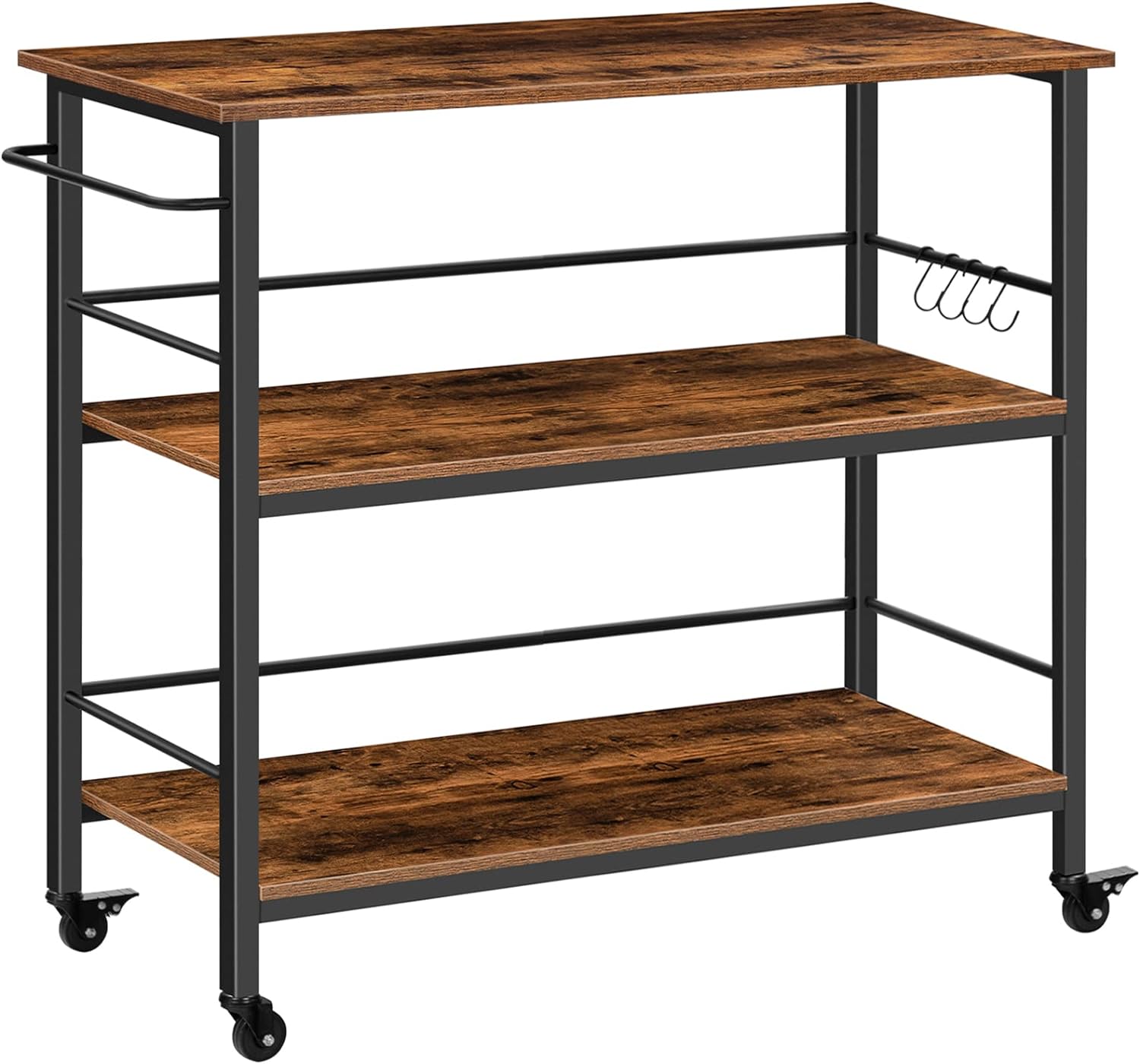 Kitchen Island with Storage,Industrial Kitchen Counter with Hooks and Side Enclosures, 3 Tier Kitchen Cart with Large Workstation, Saving Space, Easy Assembly, Rustic Brown and Black BF03ZD01