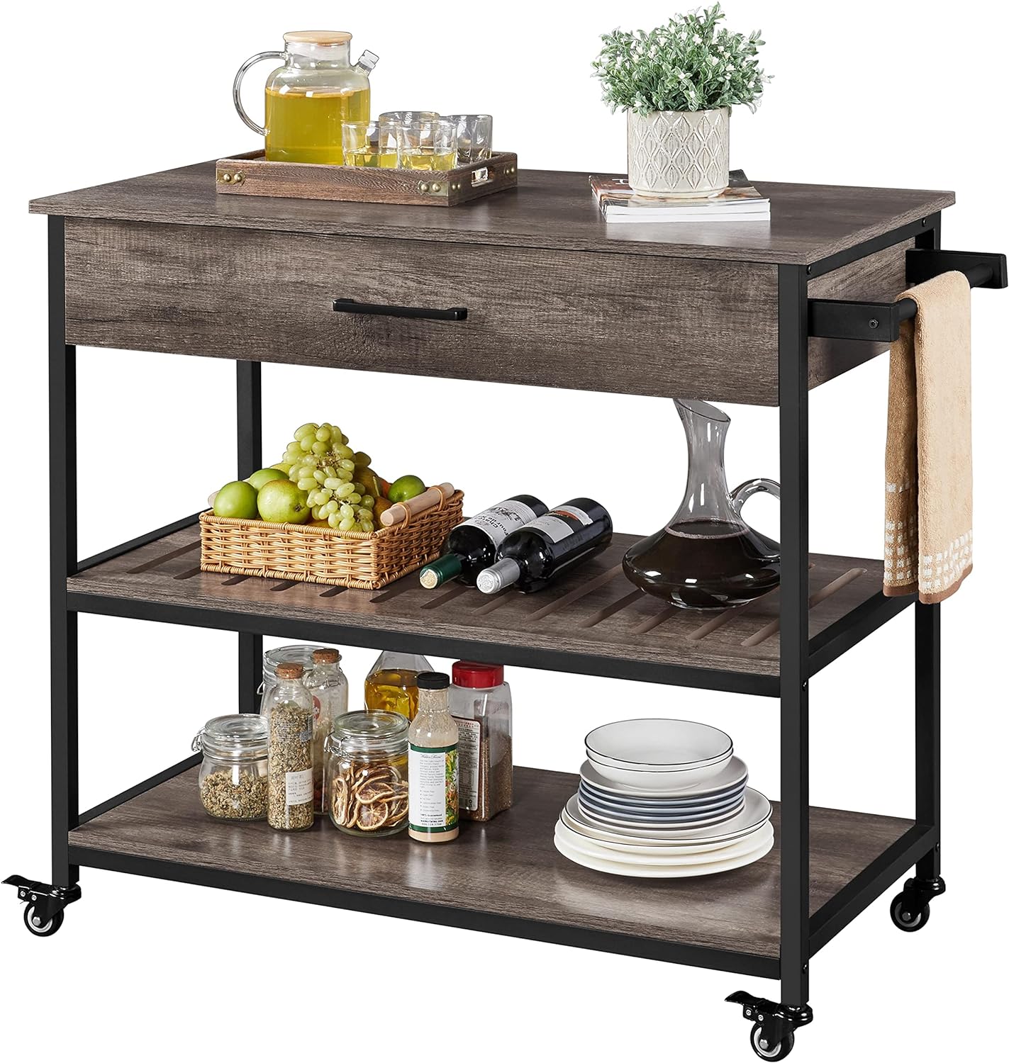 Yaheetech Kitchen Island on Wheels, Rolling Kitchen Cart with Storage Drawer and Towel Rack, Utility Shelf Microwave Stand Cart with Lockable Wheels for Dining Room, 40 x 20 x 36 inches, Taupe Wood