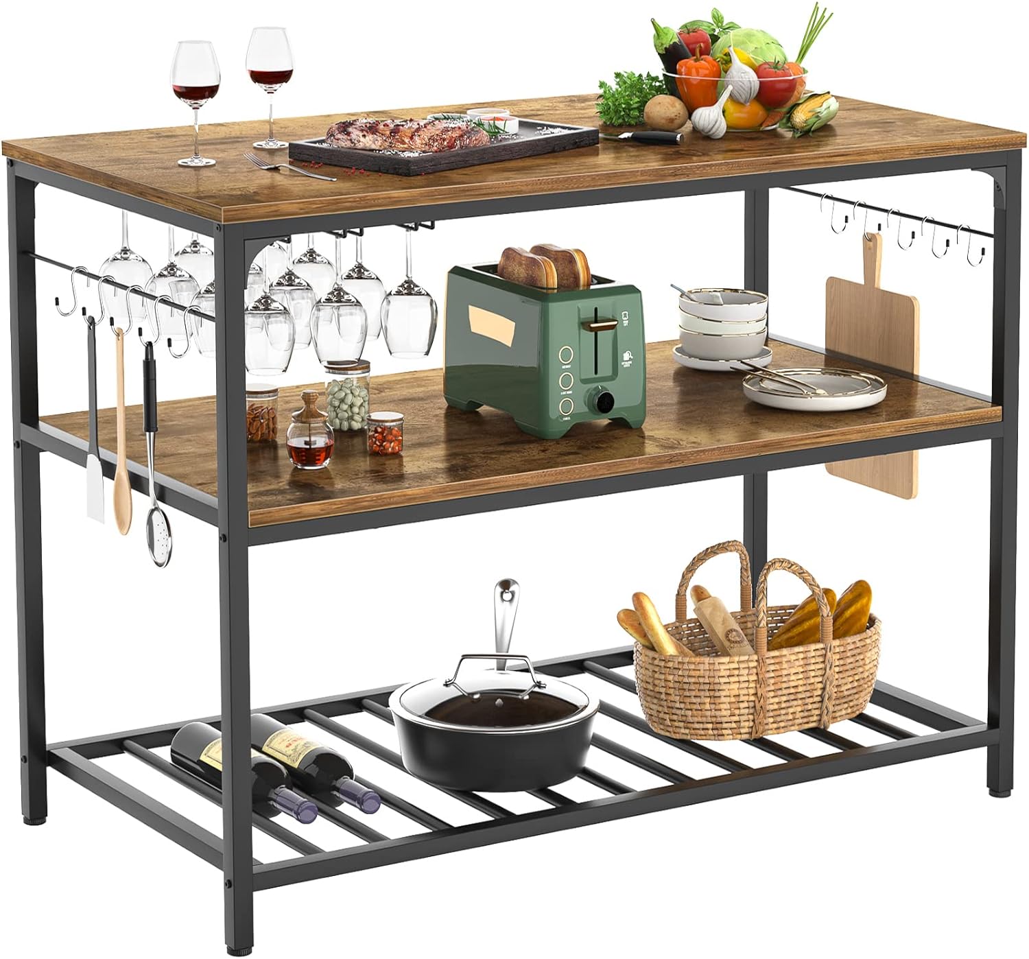Homieasy Kitchen Island with Wine Glass Holder, Industrial Wood and Metal Coffee Bar Rack, 3 Tier Spacious Prep Table Extended Counter with Hooks Easy to Assemble, Rustic Brown