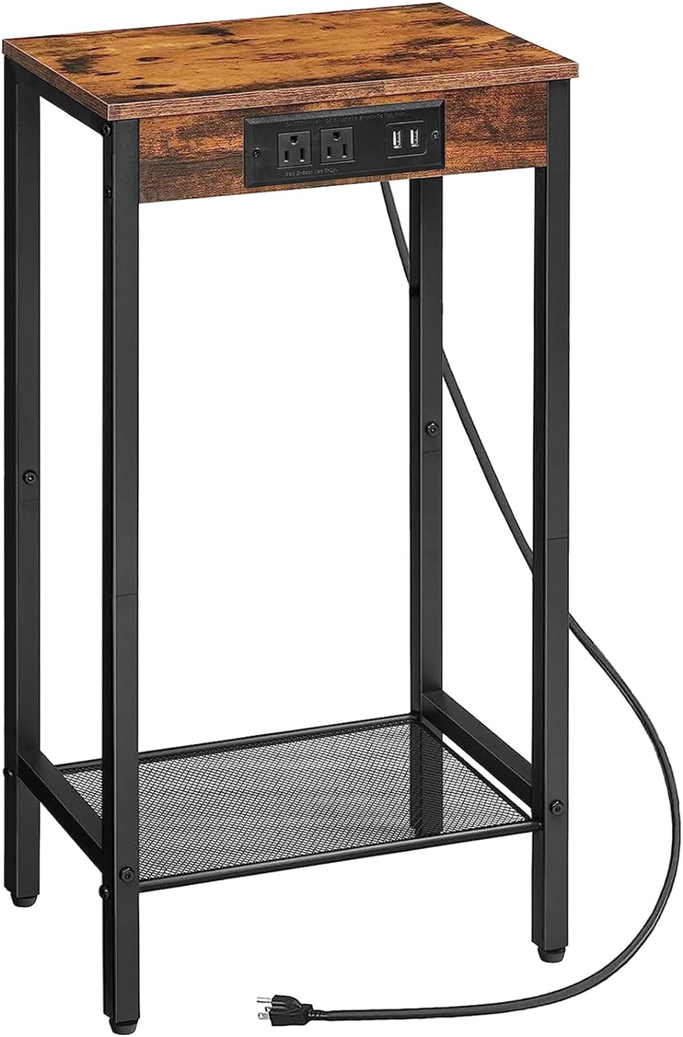 Tall Side Table with Charging Station, Industrial Telephone End Table with Mesh Shelf, Small Entryway Table, Narrow Nightstand for Living Room, Hallway, Bedroom, Rustic Brown BF08UDH01