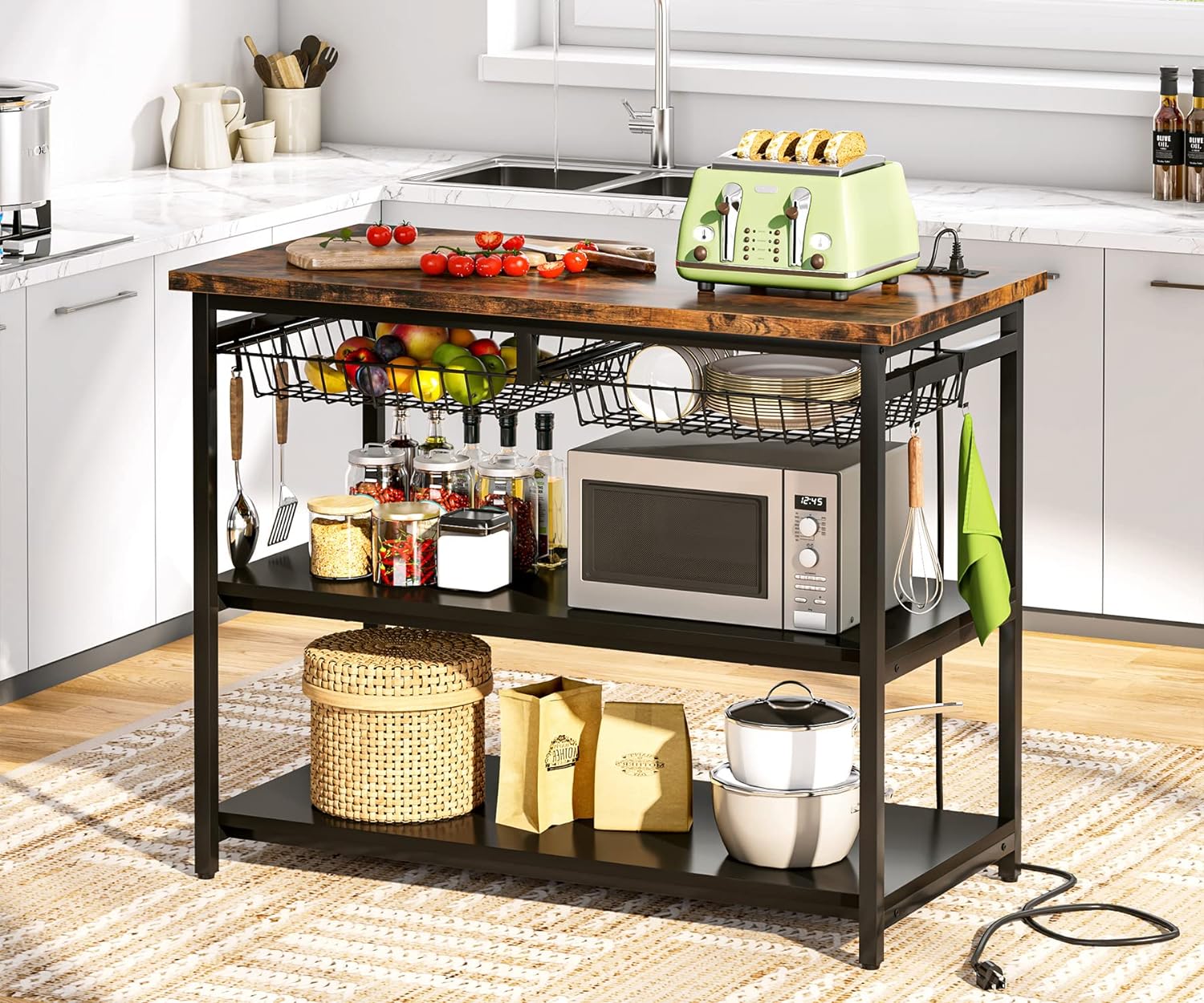 Tribesigns Kitchen Island with Storage, Industrial Island Table with Power Outlets and Wire Baskets, 3 Tier Microwave Oven Stand Butcher Block Island with Large Worktop, 4 Hooks, Rustic Brown