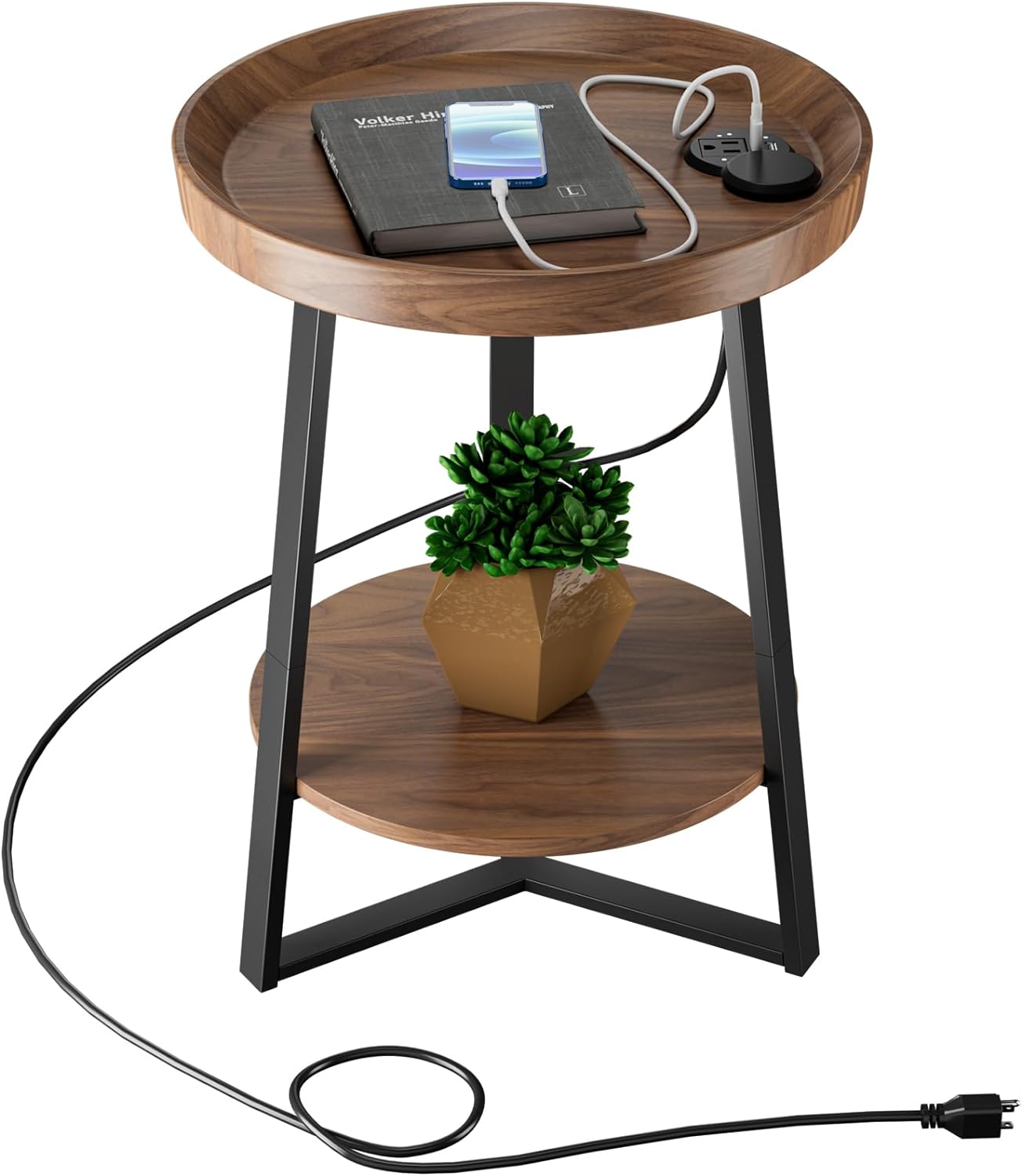 Gadroad Round End Table with Charging Station, USB Ports, Wood Tabletop & Black Metal Frame, 2-Tier Side Table for Living Room, Bedroom, Cherry Brown 15.7 * 15.7 * 23.6inches