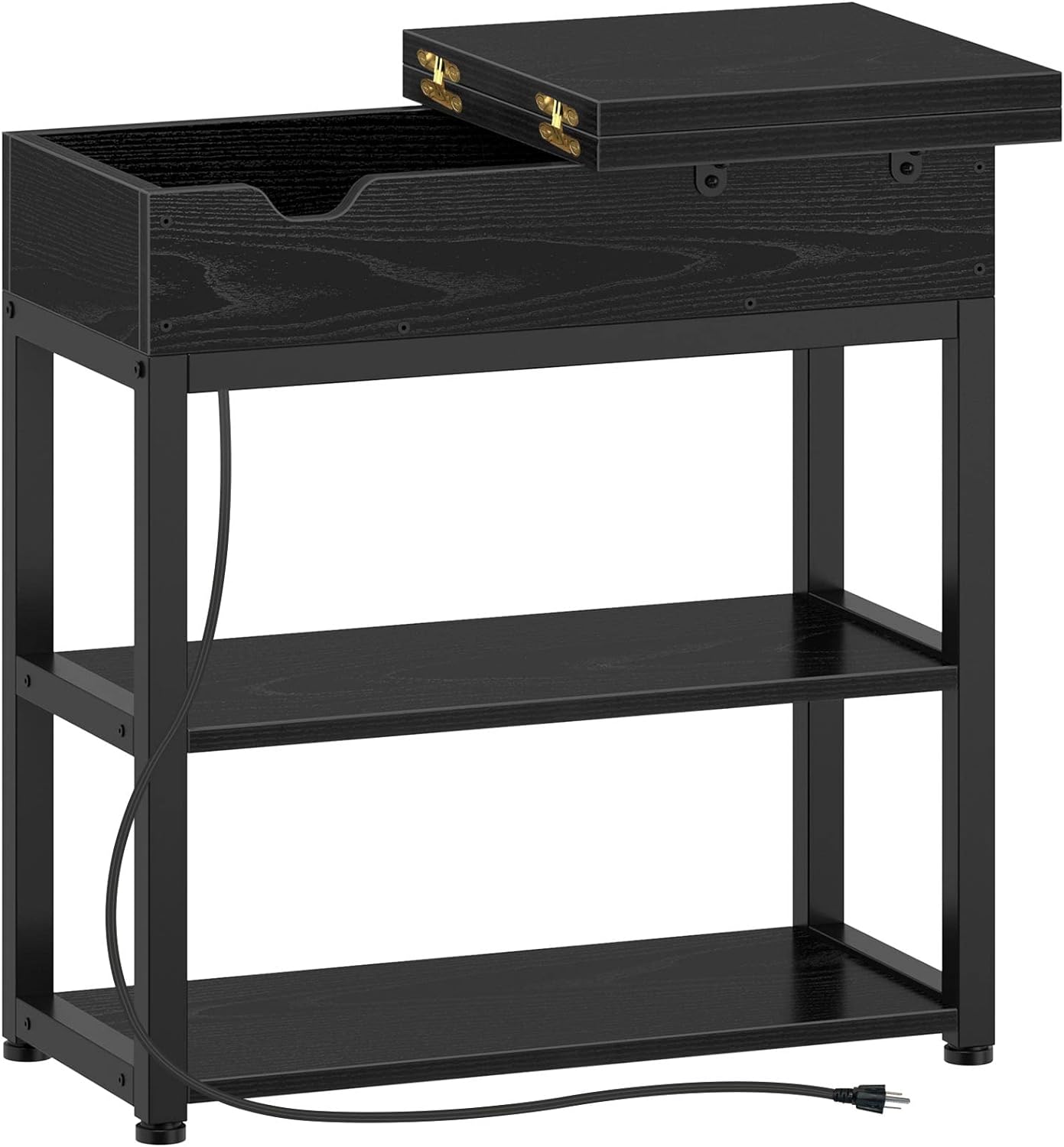 Rolanstar End Table with Charging Station, Narrow Nightstand, Flip Top Side Table with USB Ports and Storage Shelves for Small Spaces, Living Room, Bedroom, Black