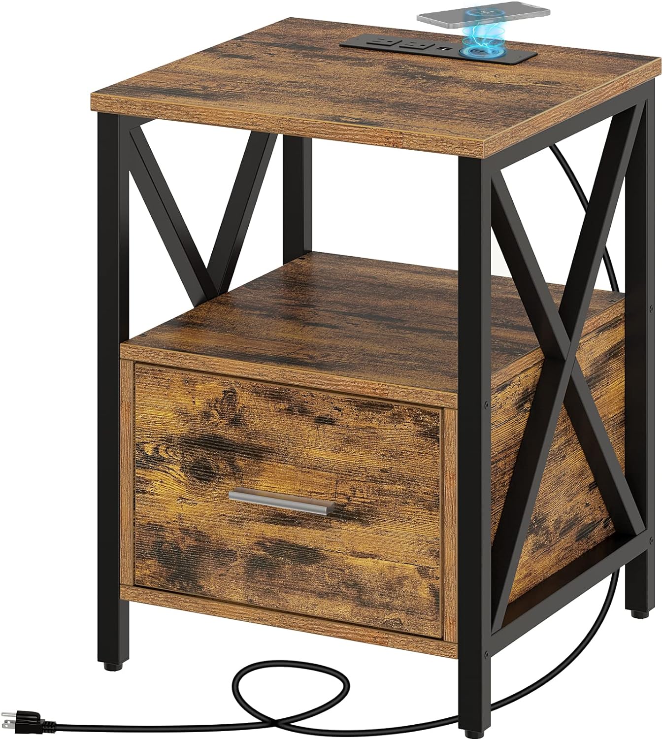 Rolanstar End Table with Wireless Charging Station, Nightstand with Power Outlet & USB Ports, Farmhouse Side Table with Drawer Storage Shelf for Living Room, Bedroom, Rustic Brown