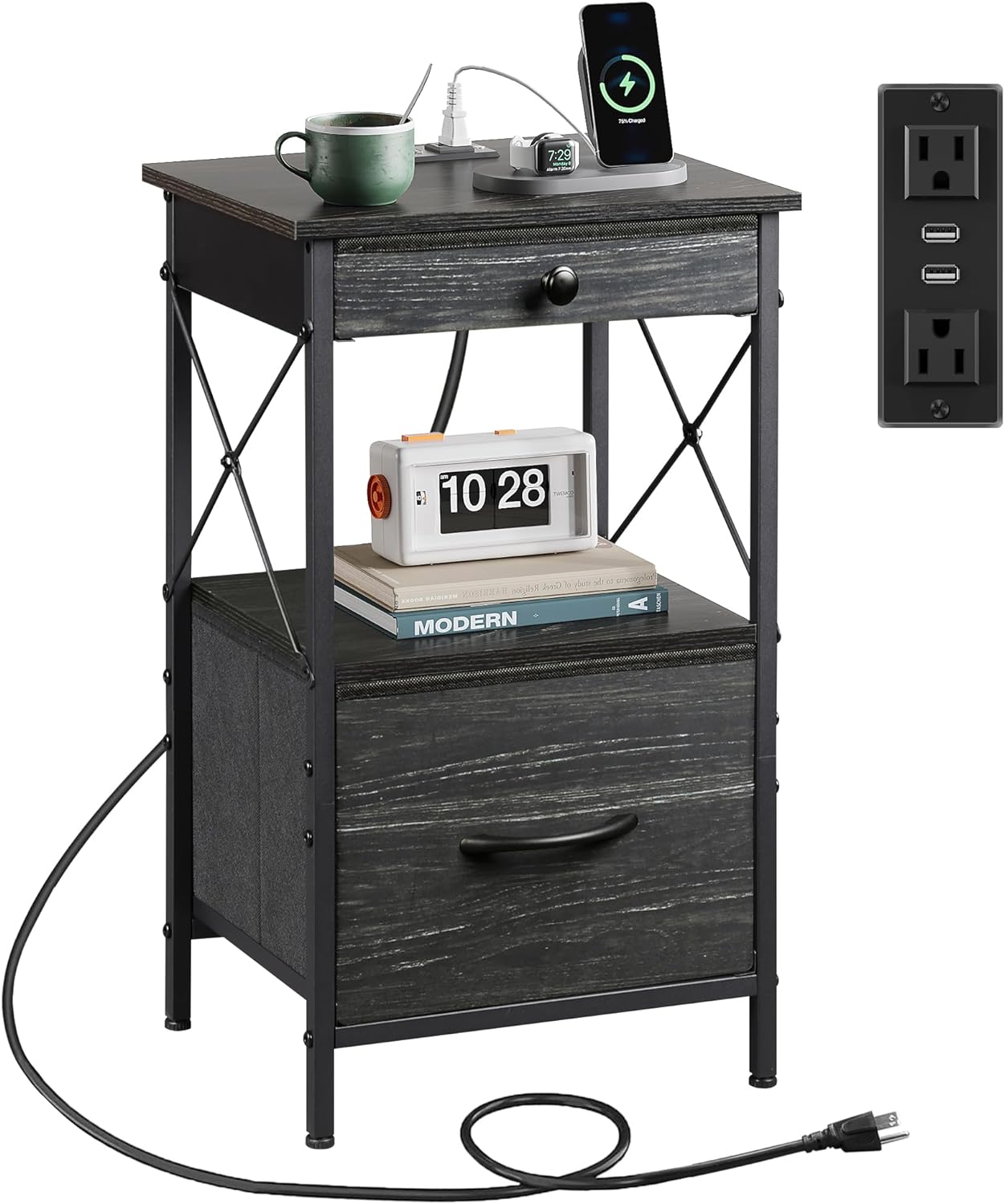 WLIVE Nightstand with Charging Station,End Table with USB Ports and Outlets,Small End Tables Living Room,Dresser and Nightstand Sets for Bedroom,Outlets,Basics,Small Spaces,Charcoal Black