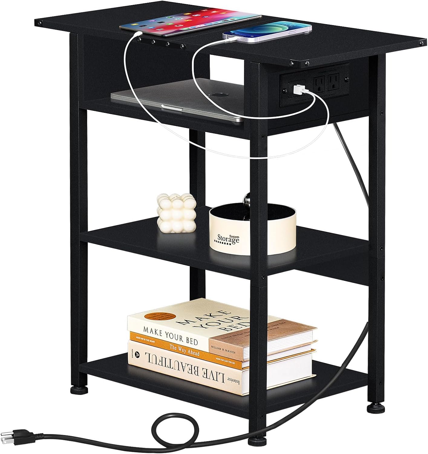 Lerliuo Side Table with Charging StationNarrow End Table with USB Ports and Outlets,Black Skinny Nightstand with Open Storage Shelf for Small SpaceSlim Sofa Bedside Table for Living Room Bedroom