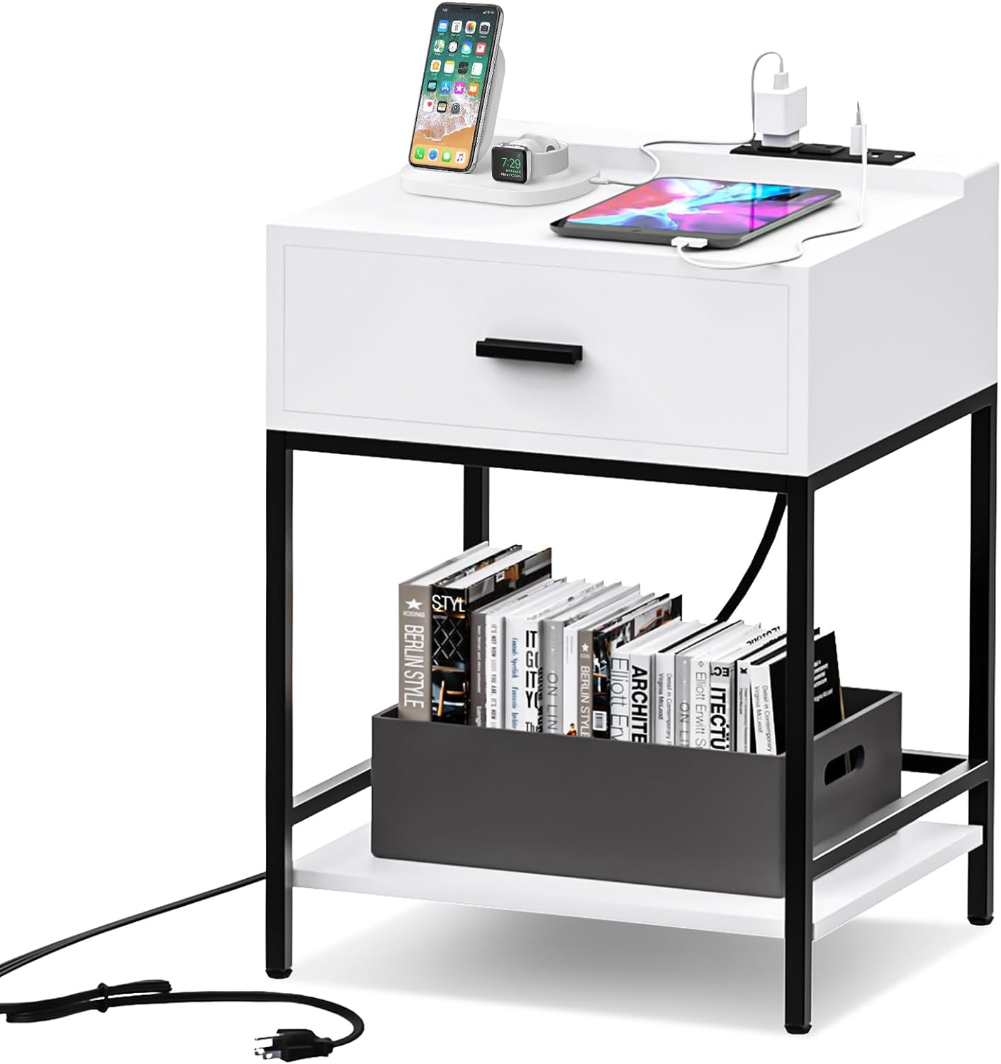 White Nightstand with Charging Station and USB Ports, 3-Tier End Table with Wood Drawer Storage Shelf, Tall Small Bed Side Table for Small Spaces Living Room, Bedroom