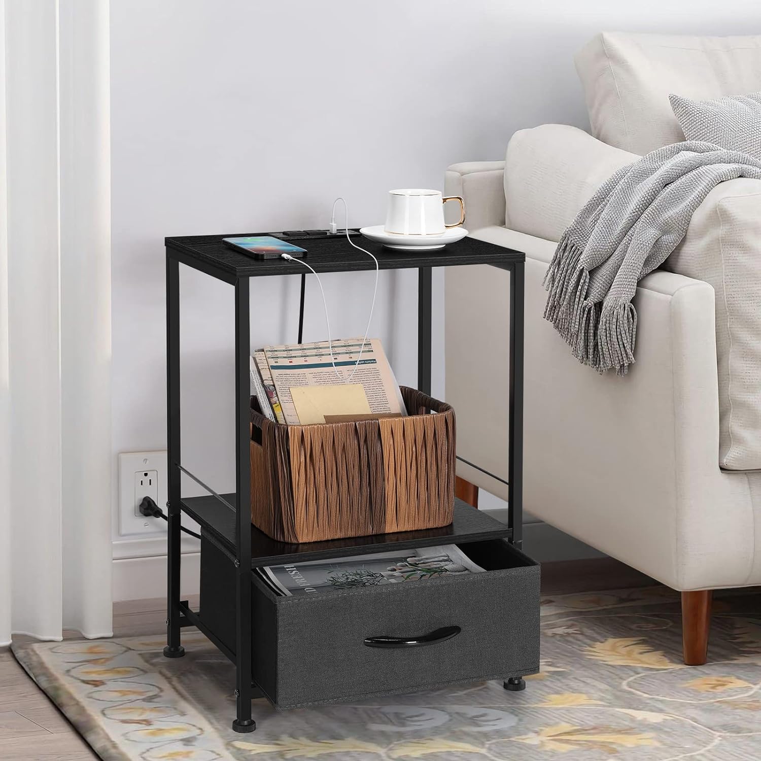 Nightstand with Charging Station Black Side End Table with USB Ports and Outlets 2 Tier Small Side Table with Drawer Modern Bedside Table with USB Ports and Storage in Bedrooms Living Room