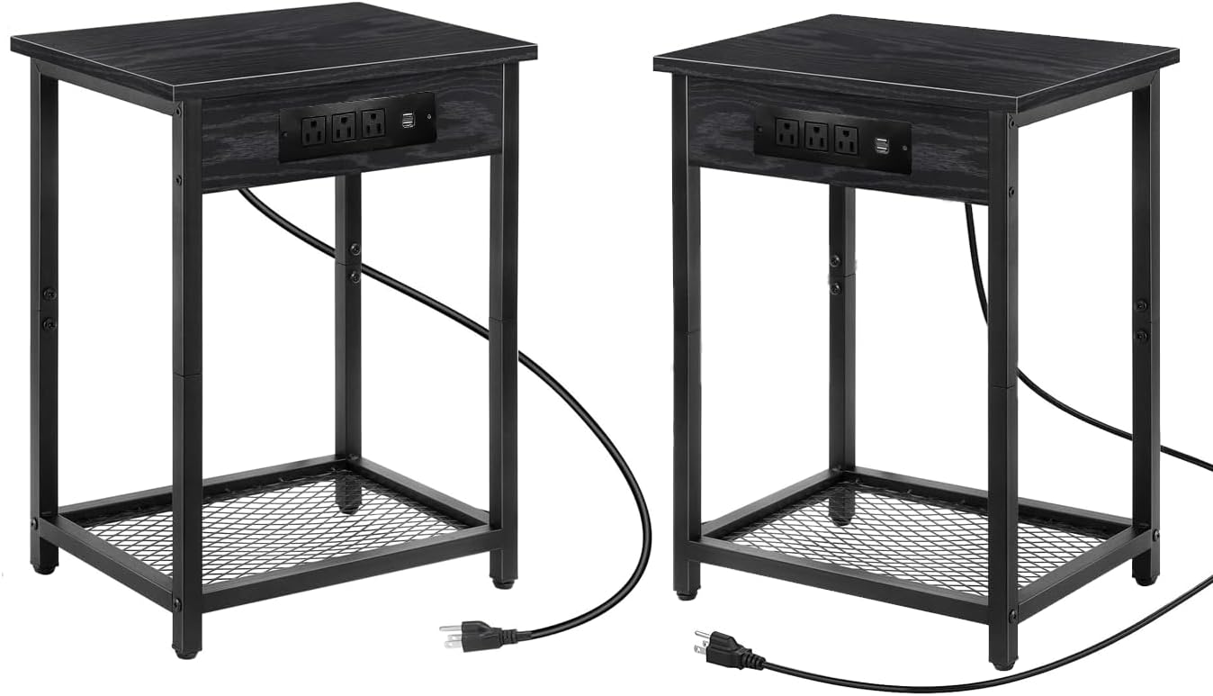 End Tables with Charging Station Set of 2, 2 Tier Side Tables with USB Ports and Power Outlets, Black Night Stands for Living Room, Bedroom