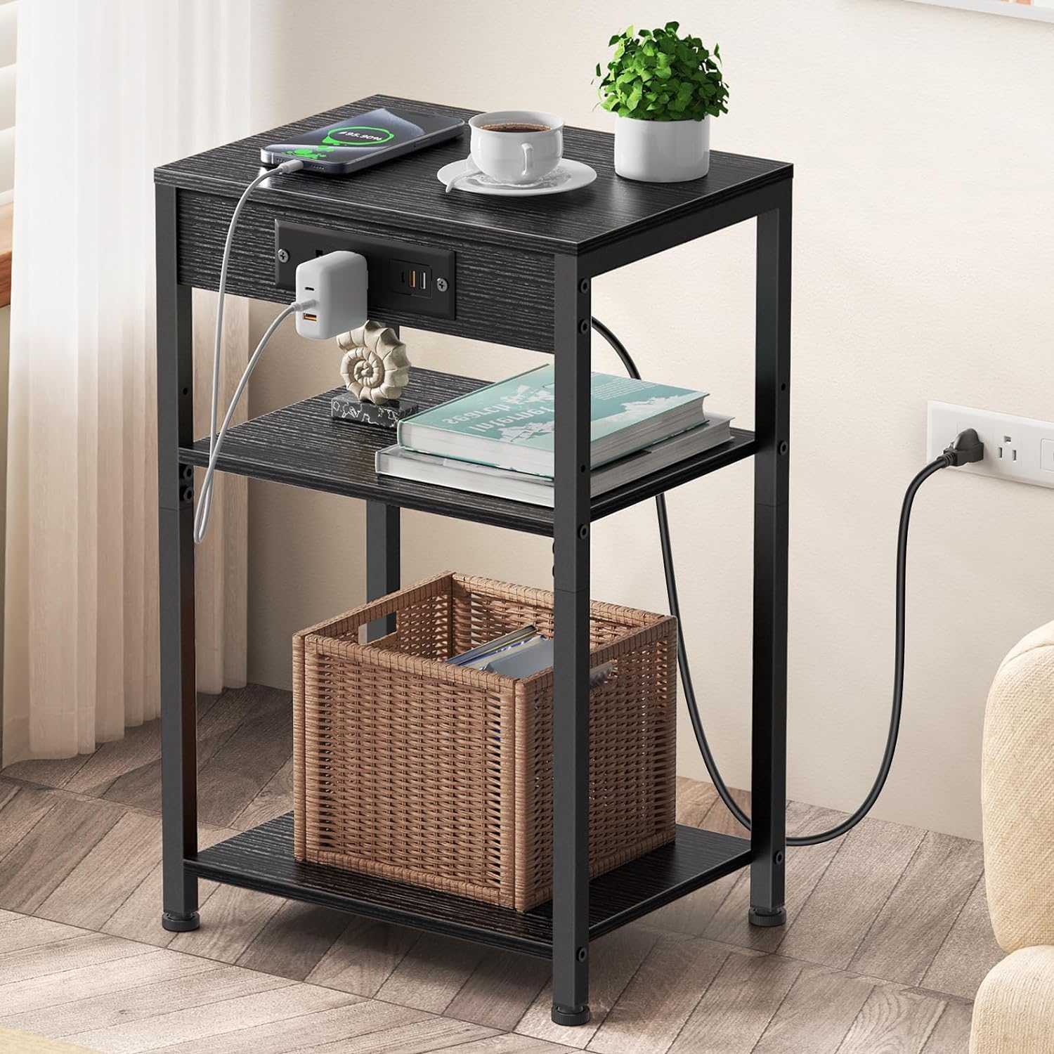 Side Table, End Table, Nightstand, Bedside Tables with Fast Charging Station Adjustable Shelf, 3 Tier Small Side Table with Steel Frame Tall Side Table End Tables Living Room, Black