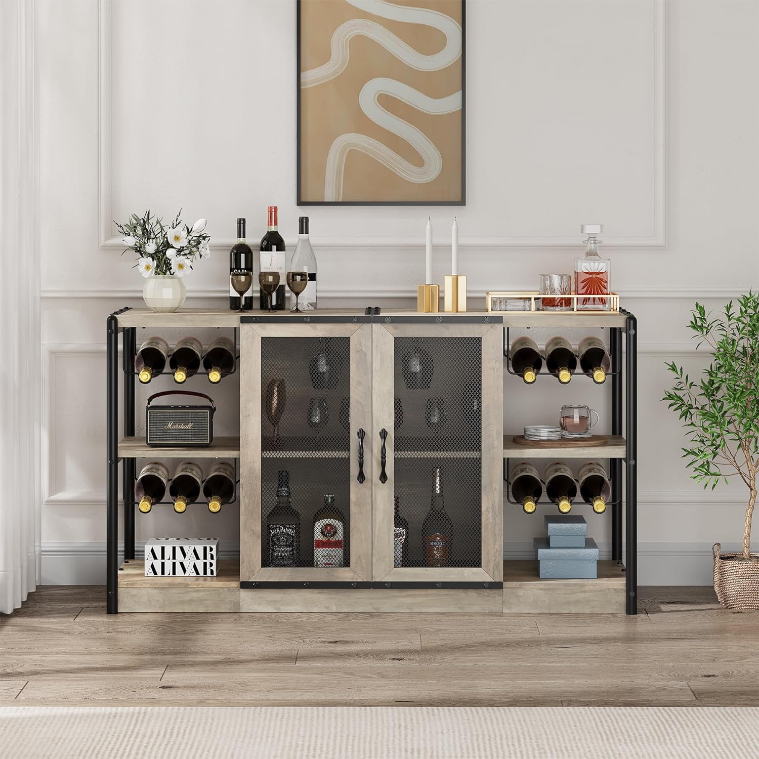 Wine Bar Cabinet, Wine Bar Cabinet with Wine Racks and Glass Holders, Industrial Coffee Bar Cabinet for Liquor and Glasses, Home Bar Furniture for Dining Room, Living Room Gray