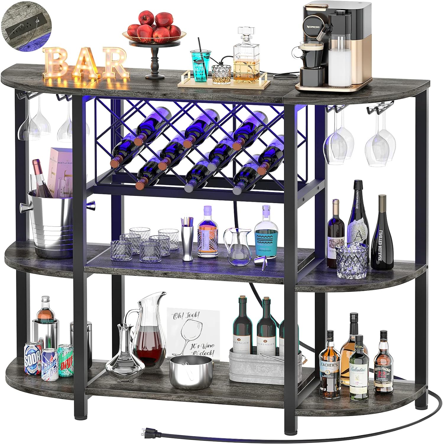 Unikito 4-Tier Metal Coffee Bar Cabinet with Outlet and LED Light, Freestanding Floor Bar Table for Liquor with Glass Holder and Wine Rack Storage, Wine Bakers Rack for Kitchen Dining Room, Gray Oak