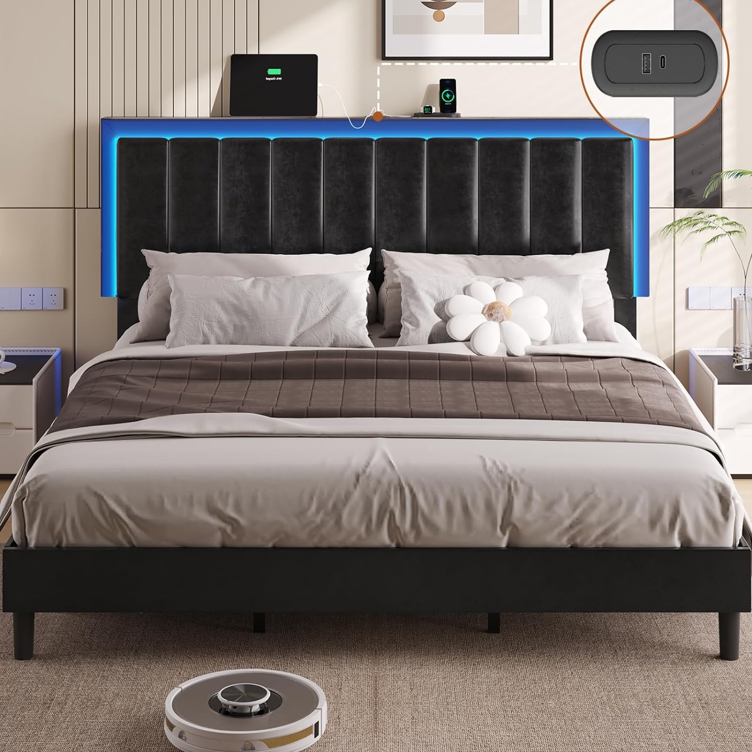 DICTAC Bed Frame King Size with Led Lights and USB Ports Modern King Size Upholstered Platform Bed Frame with Adjustable Headboard Faux Leather Led King Bed Frame,No Noise,No Box Spring Needed, Black