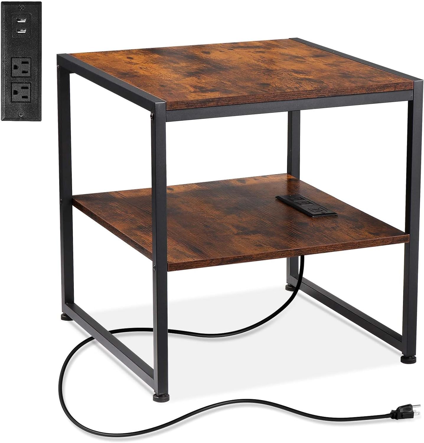 20 End Table with Charging Station, Industrial Square Side Table with USB Ports & Outlets, Versatile 2-Tier Small Nightstand for Bedroom Living Room, Rustic Brown