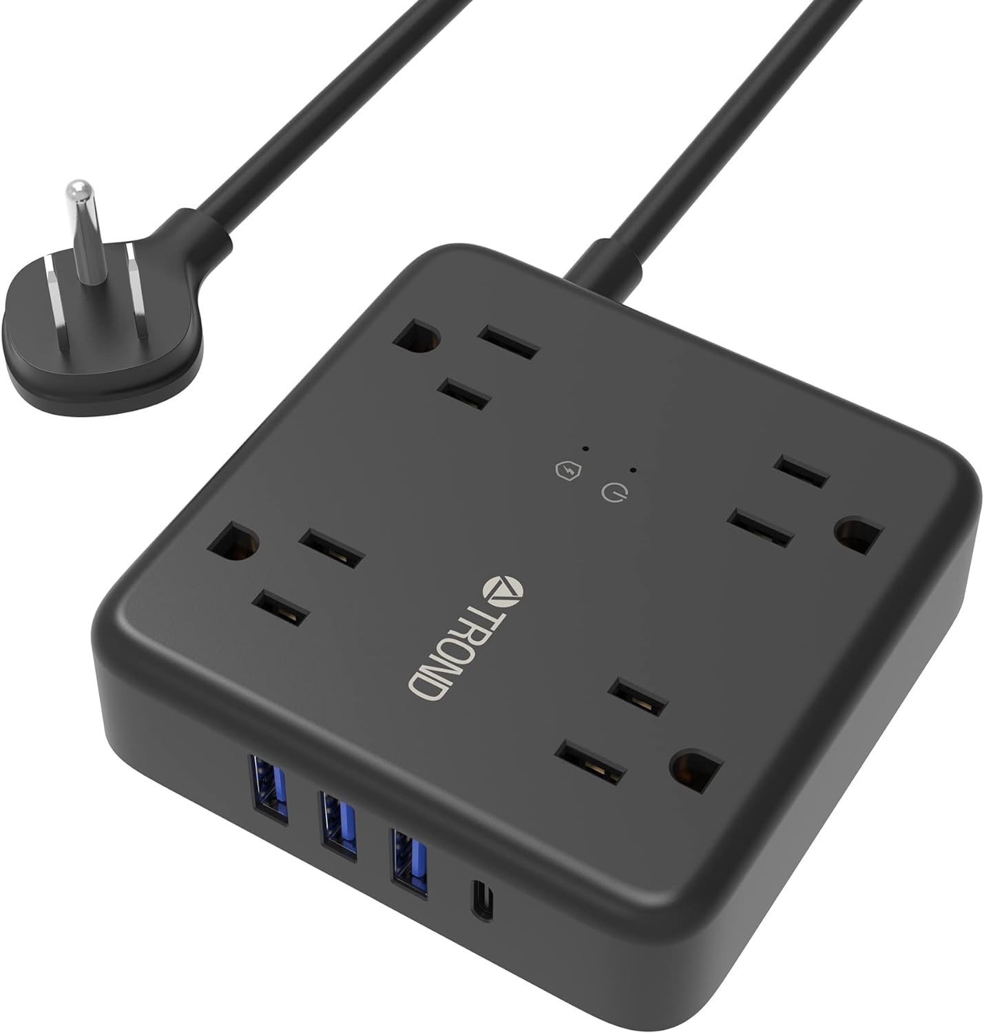 TROND Surge Protector Power Strip USB - Flat Plug Extension Cord 5ft with 1 USB-C & 3 USB-A Charging Ports, 4 Widely-Spaced Outlets, Wall Mountable, 1440J, Compact for Desktop Bedside Travel, Black