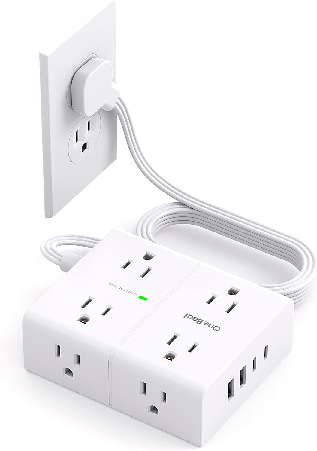 Surge Protector Power Strip, 5Ft Flat Extension Cord Flat Plug with 4 USB Charging Ports (2 USB C) 8 Widely Outlets, 1080J Wall Mount Outlet Extender, Office Supplies, Dorm Room Essentials