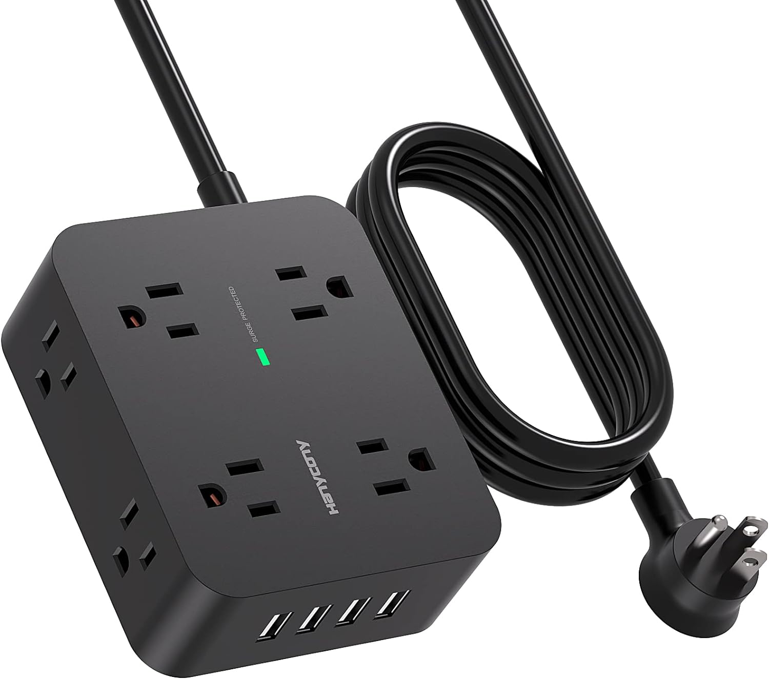 HANYCONY Power Strip Surge Protector, 5 Ft Exetnsion Cord with Multiple Outlets, Outlet Extender with 4 USB Ports, Flat Plug, Wall Mount for Home Office Dorm Room Essentials, ETI Listed, Black