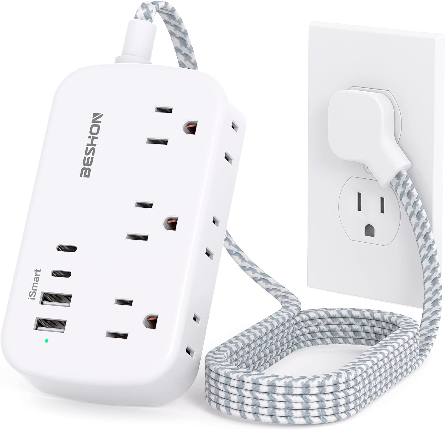 Flat Extension Cord, 5FT Flat Plug Power Strip with USB C, 6 Outlets 4 USB Port(2 USB C), No Surge Protector, Cruise Ship, Dorm Room Travel Essentials